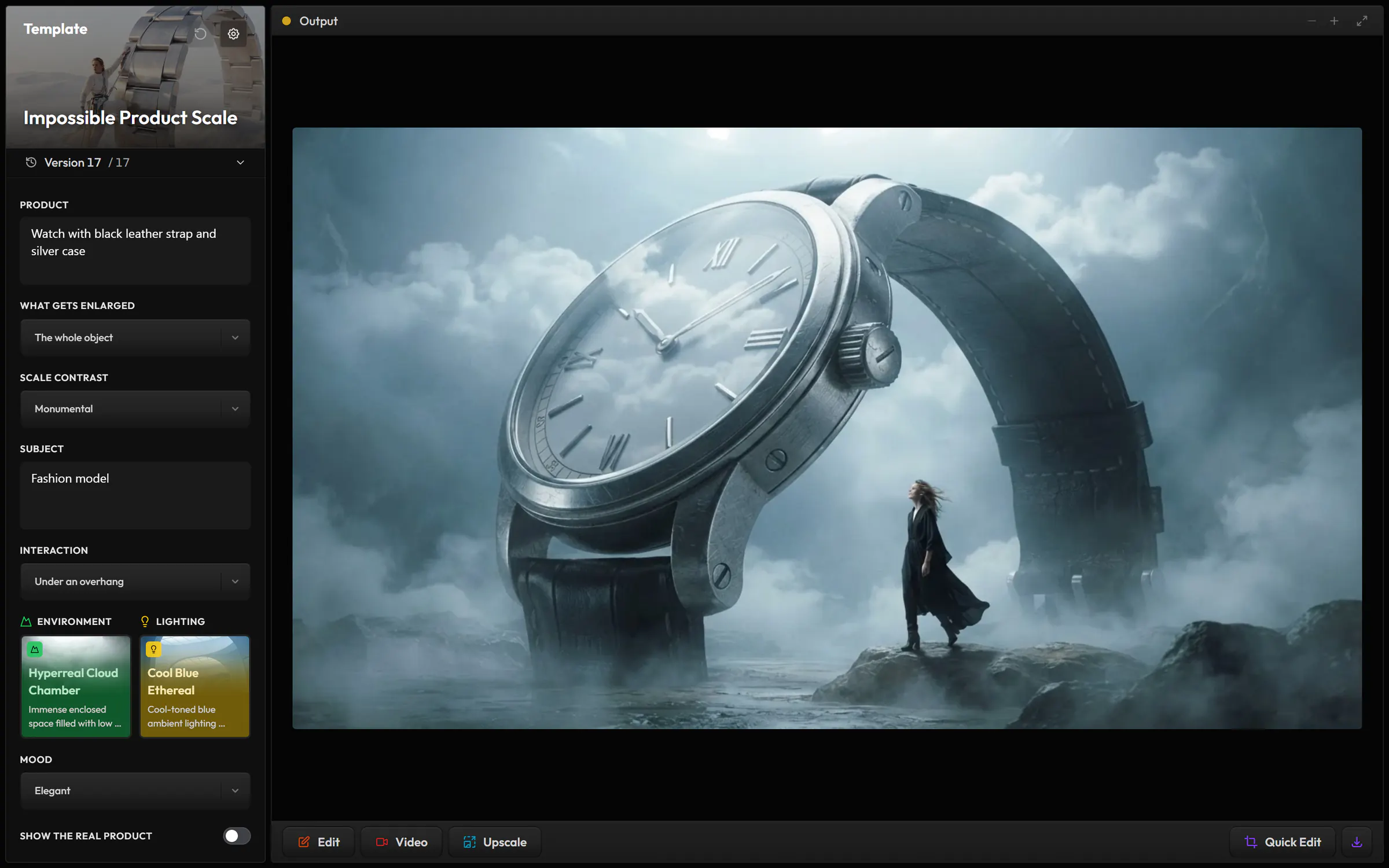 The Impossible Product Scale template in Image: a watch as the product, its scale and mood picked on the left, and the image of a woman standing under a giant watch in the mist