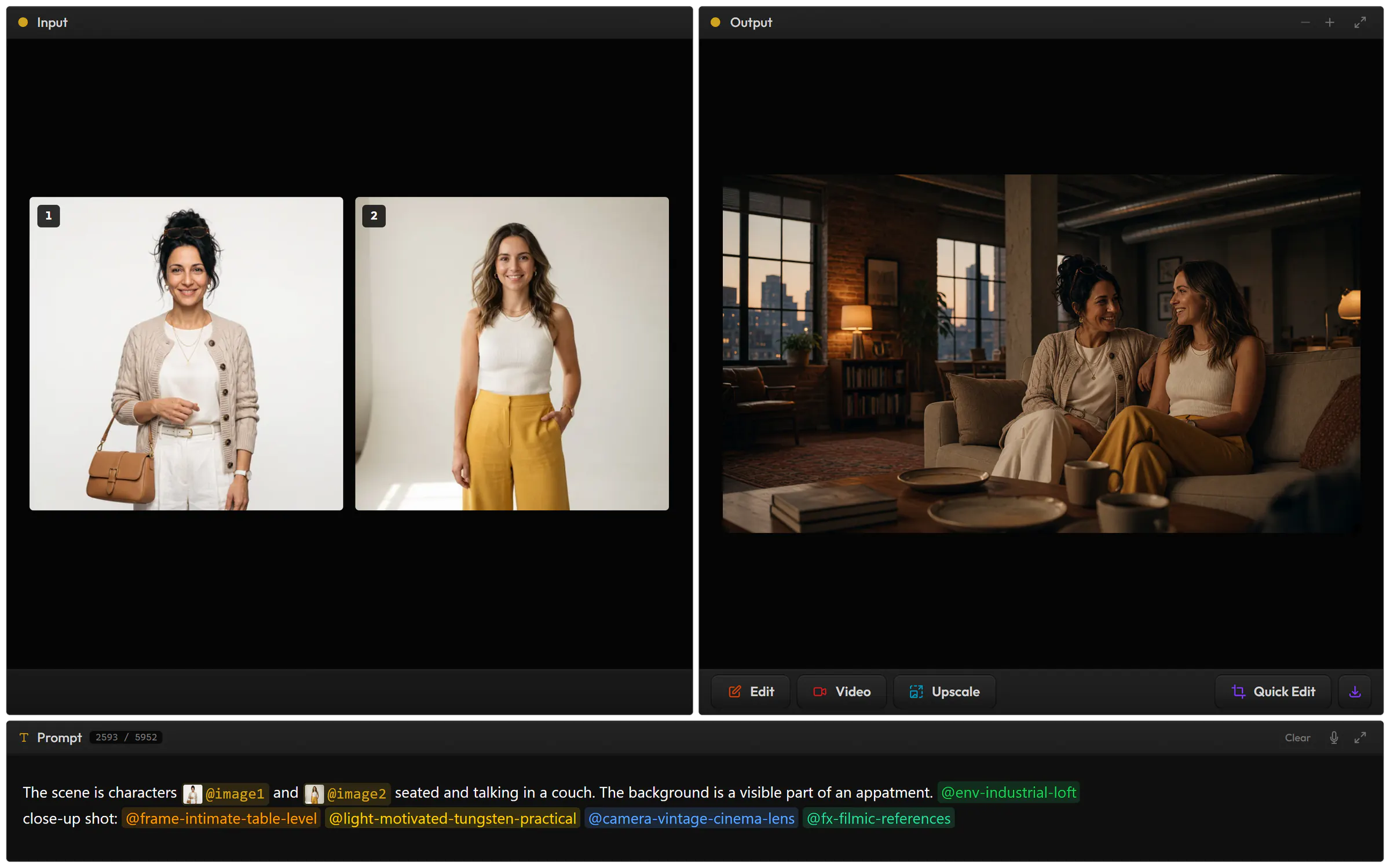 References in Image: two portraits loaded as Image 1 and Image 2, a prompt naming @image1 and @image2 with snippet tags, and the result of the two women talking on a sofa in a brick loft