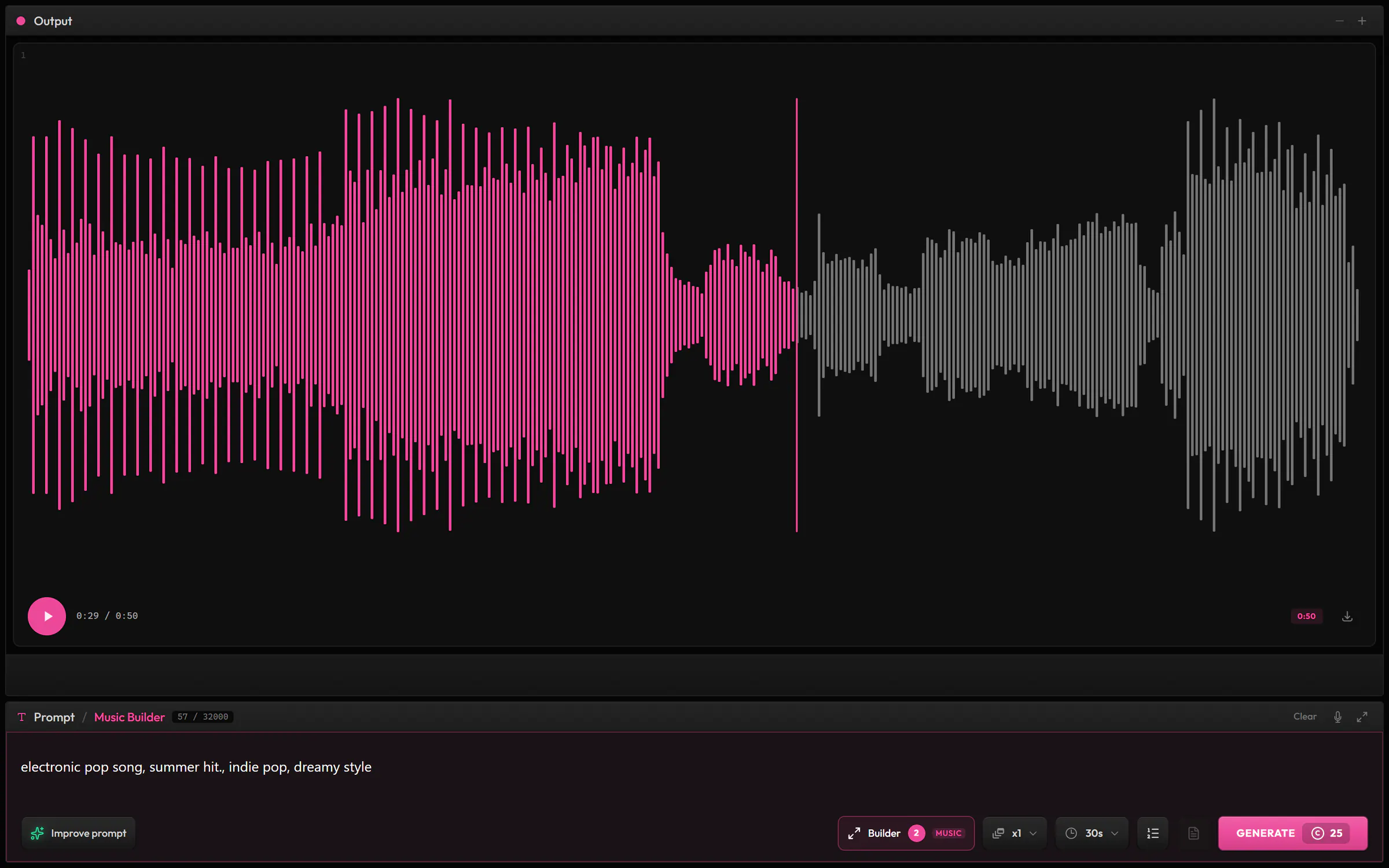 A 50-second electronic pop track playing as a waveform, made from the prompt electronic pop song, summer hit, indie pop, dreamy style and two Music Builder blocks