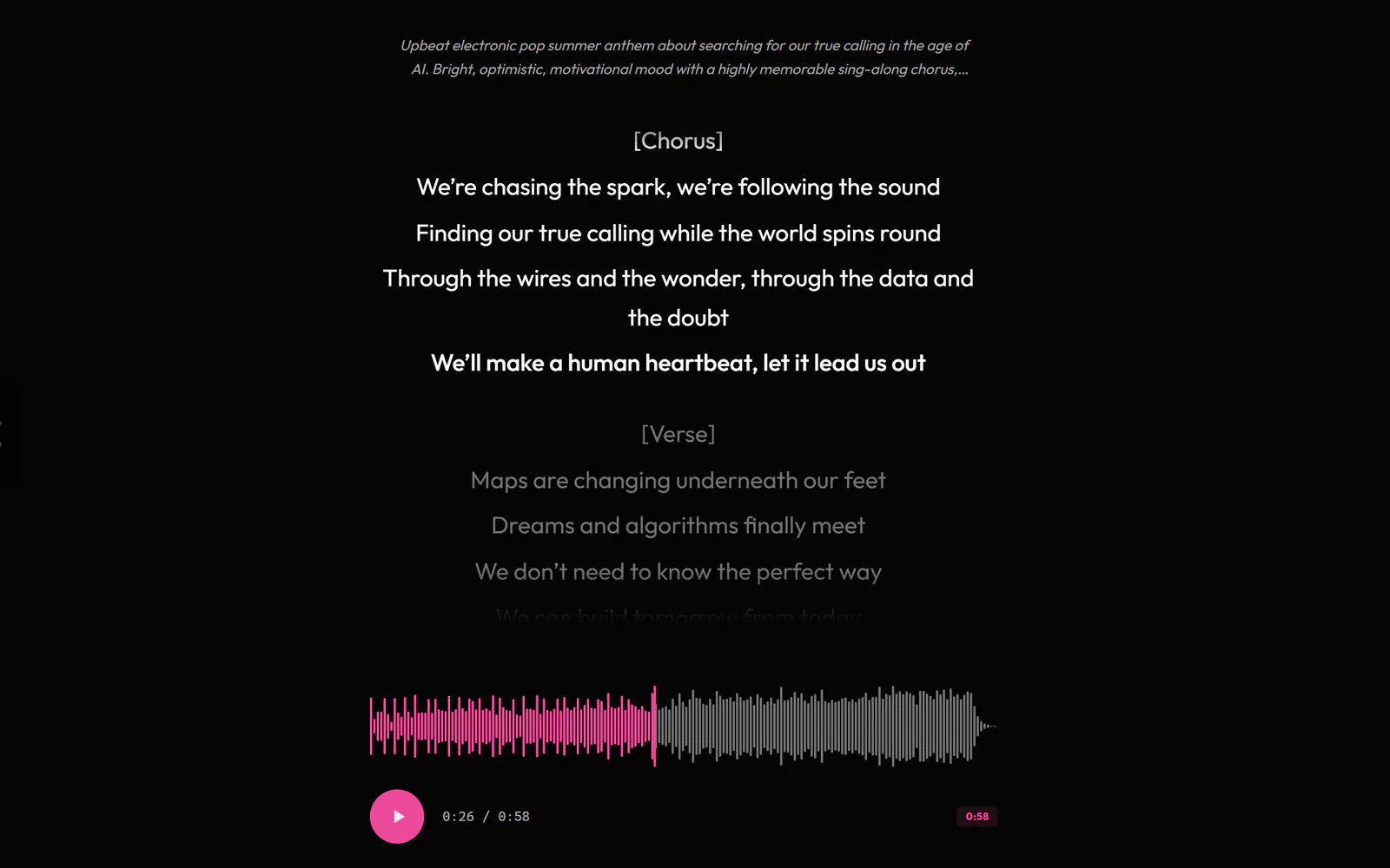 The lyrics of an electronic pop summer anthem shown above its waveform while it plays, the chorus line being sung highlighted