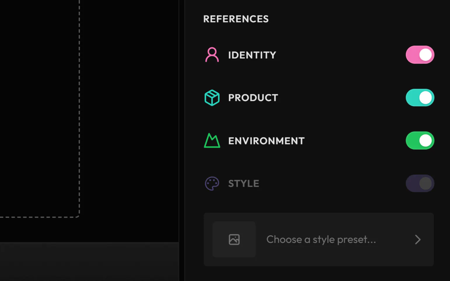 The References settings in Still Frames: Identity, Product and Environment on, Style off, and the style preset picker