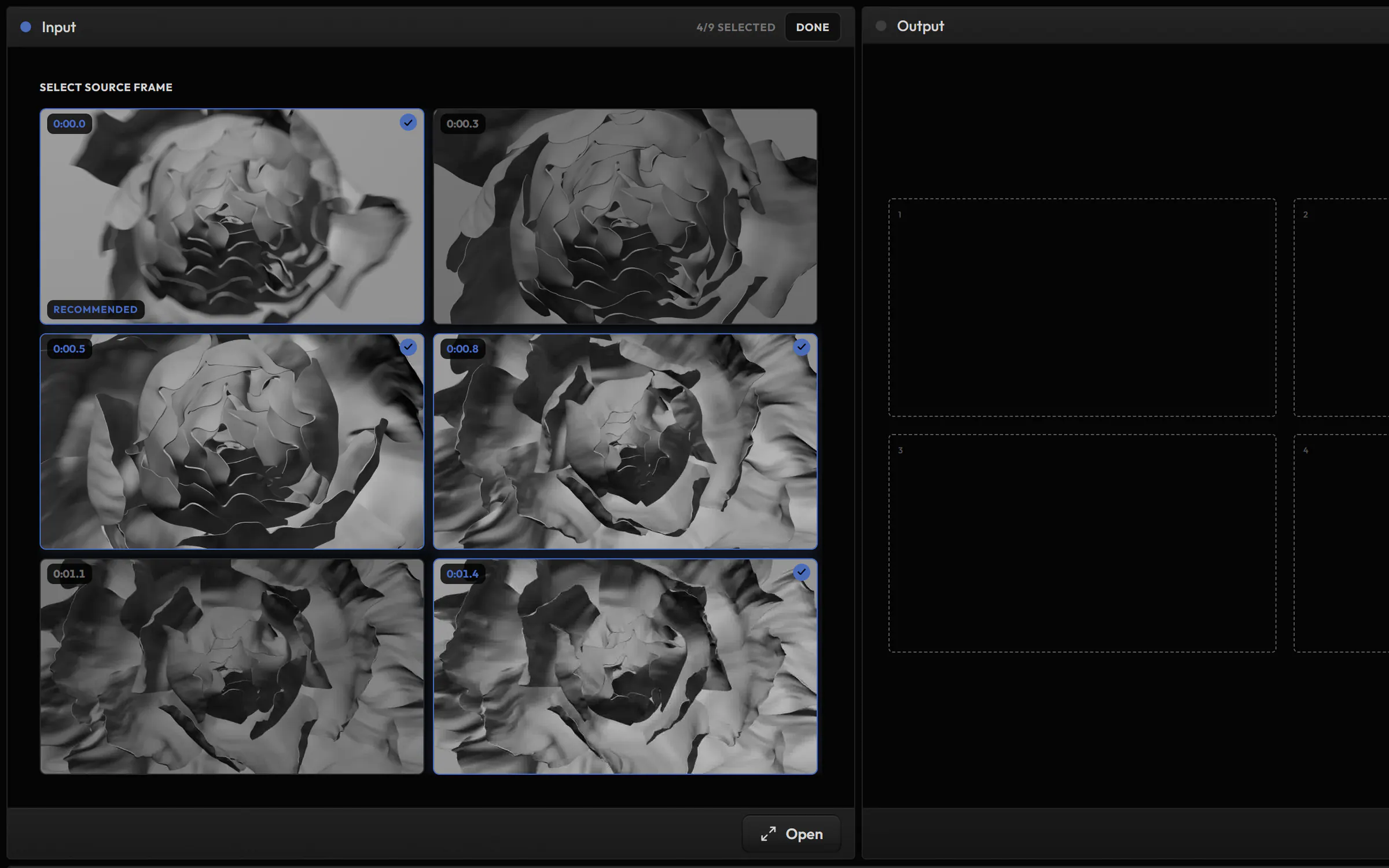Select Frames on a previz video of a peony: six frames from 0:00.0 to 0:01.4, four of them picked, and an empty output slot waiting for each