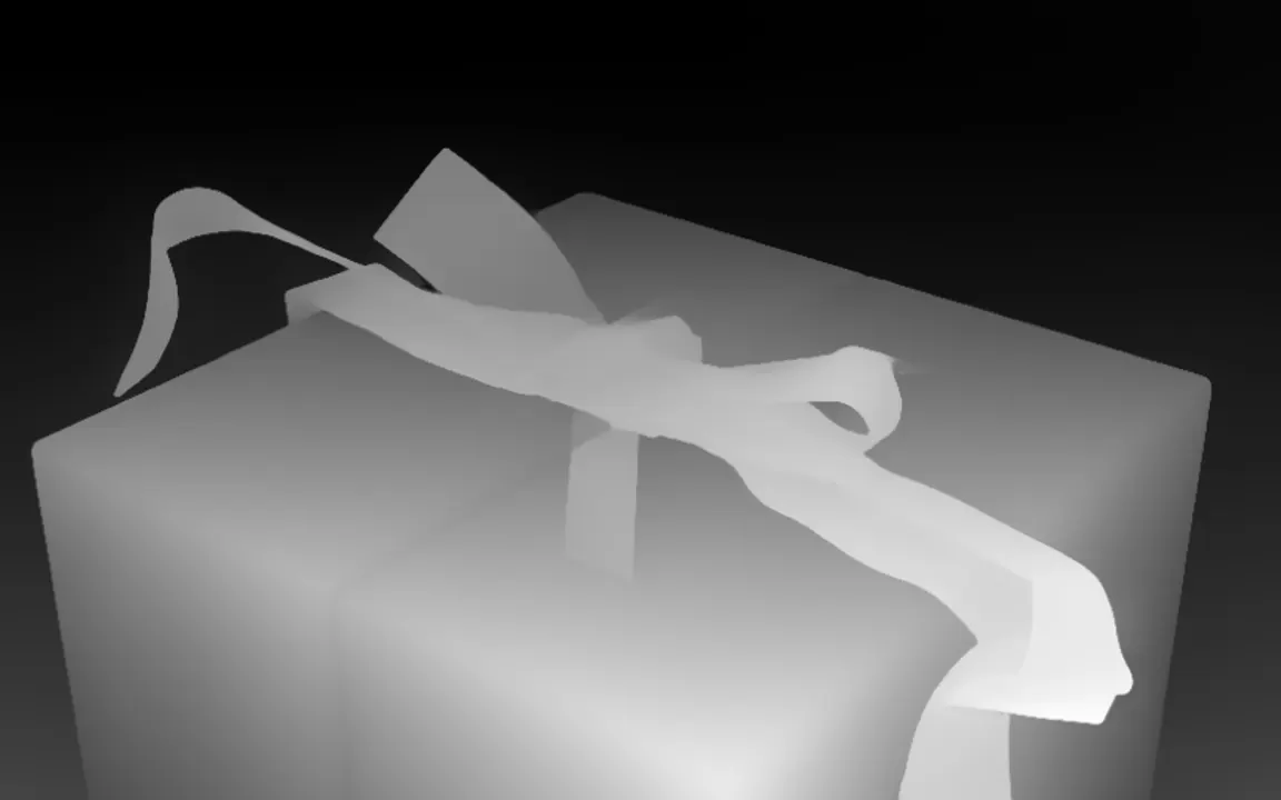 The depth map of a previz frame: a gift box with a ribbon bow in shades of grey, nearer parts lighter
