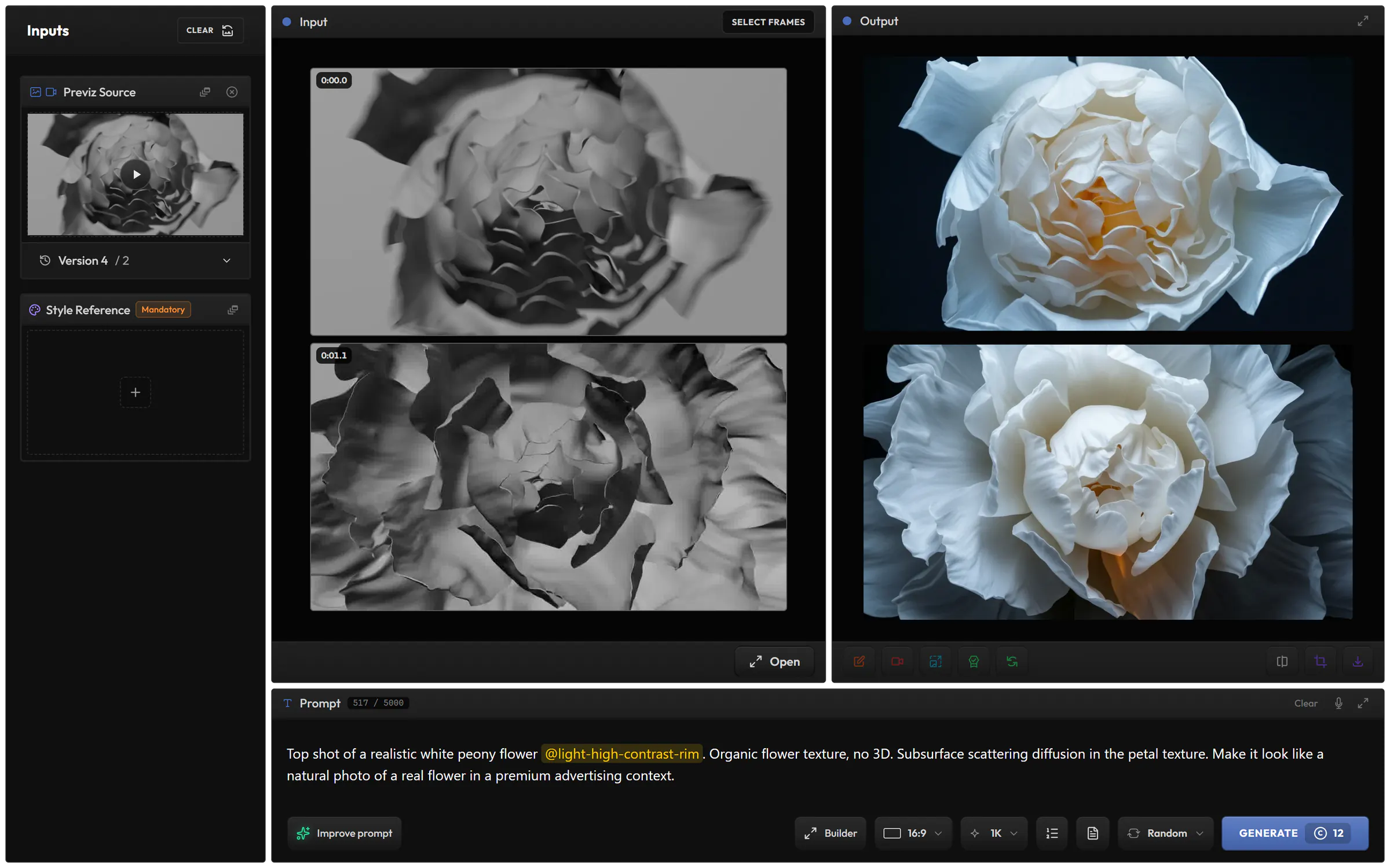 Still Frames: a grey 3D previz of a peony as the source, two of its frames selected, and the two frames rendered as a realistic white peony on a dark background