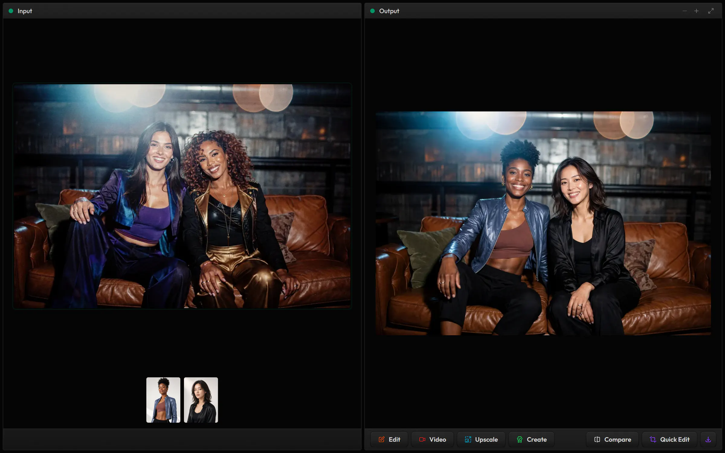 Character in Swap: two women on a leather sofa, and the result with two other women in their place, in the same pose and light