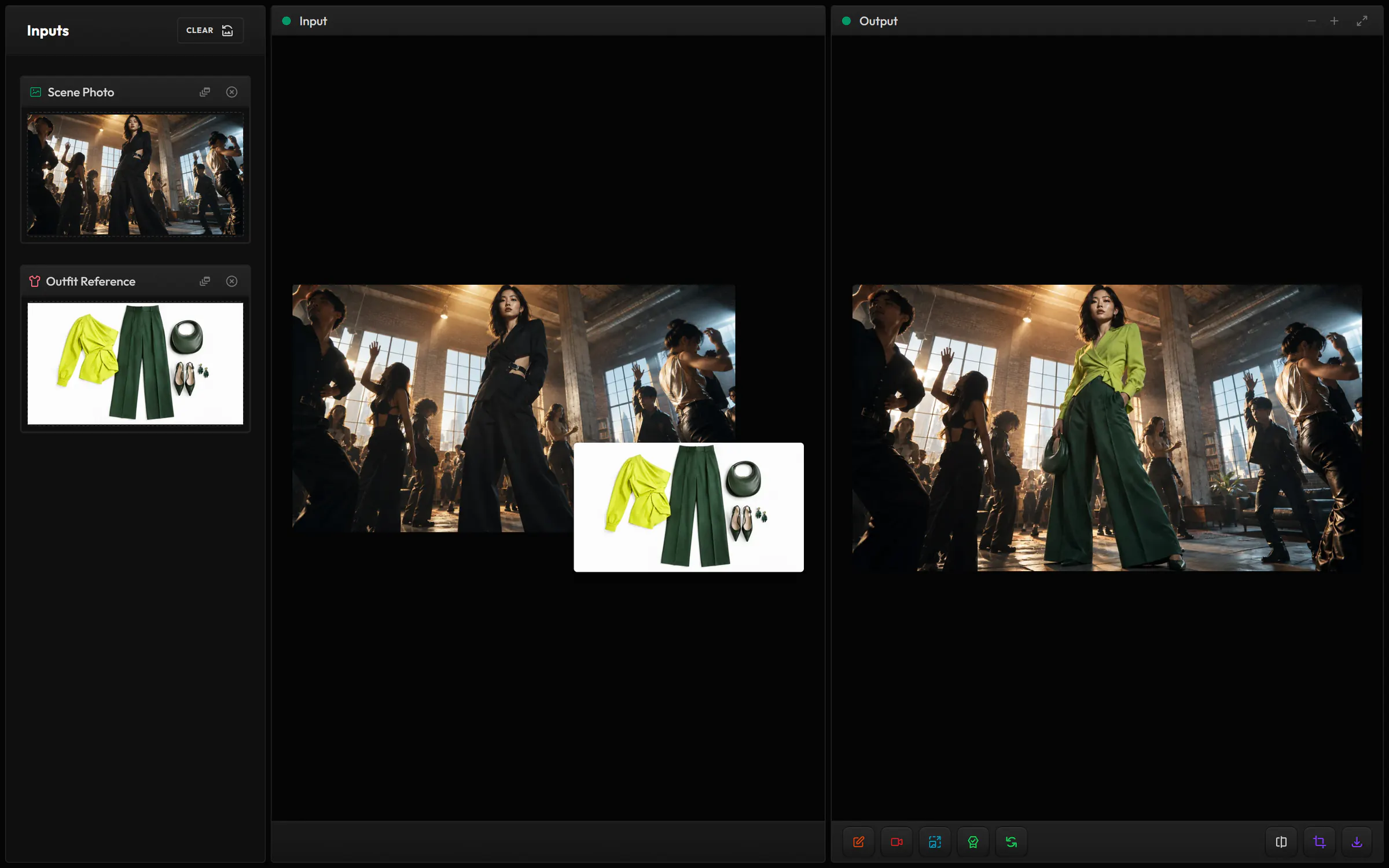 Outfit in Swap: a woman in a black suit at a crowded loft party as Scene Photo, a flat lay of a chartreuse top and green trousers as Outfit Reference, and the result with her in the new outfit