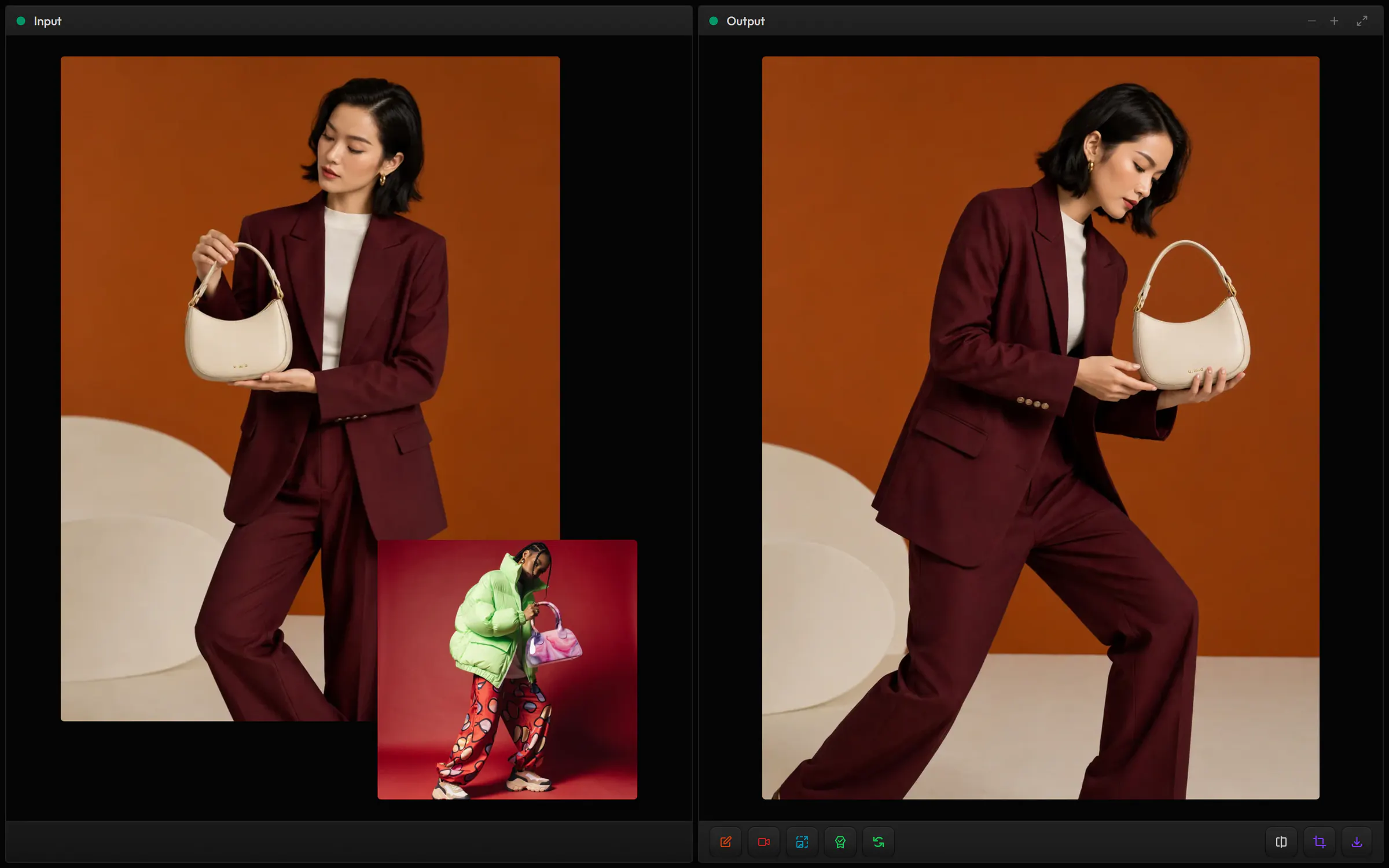 Composition in Swap: a woman in a burgundy suit holding a cream bag, a full-length shot of a woman in a green puffer jacket as the reference, and the result framed full length like the reference