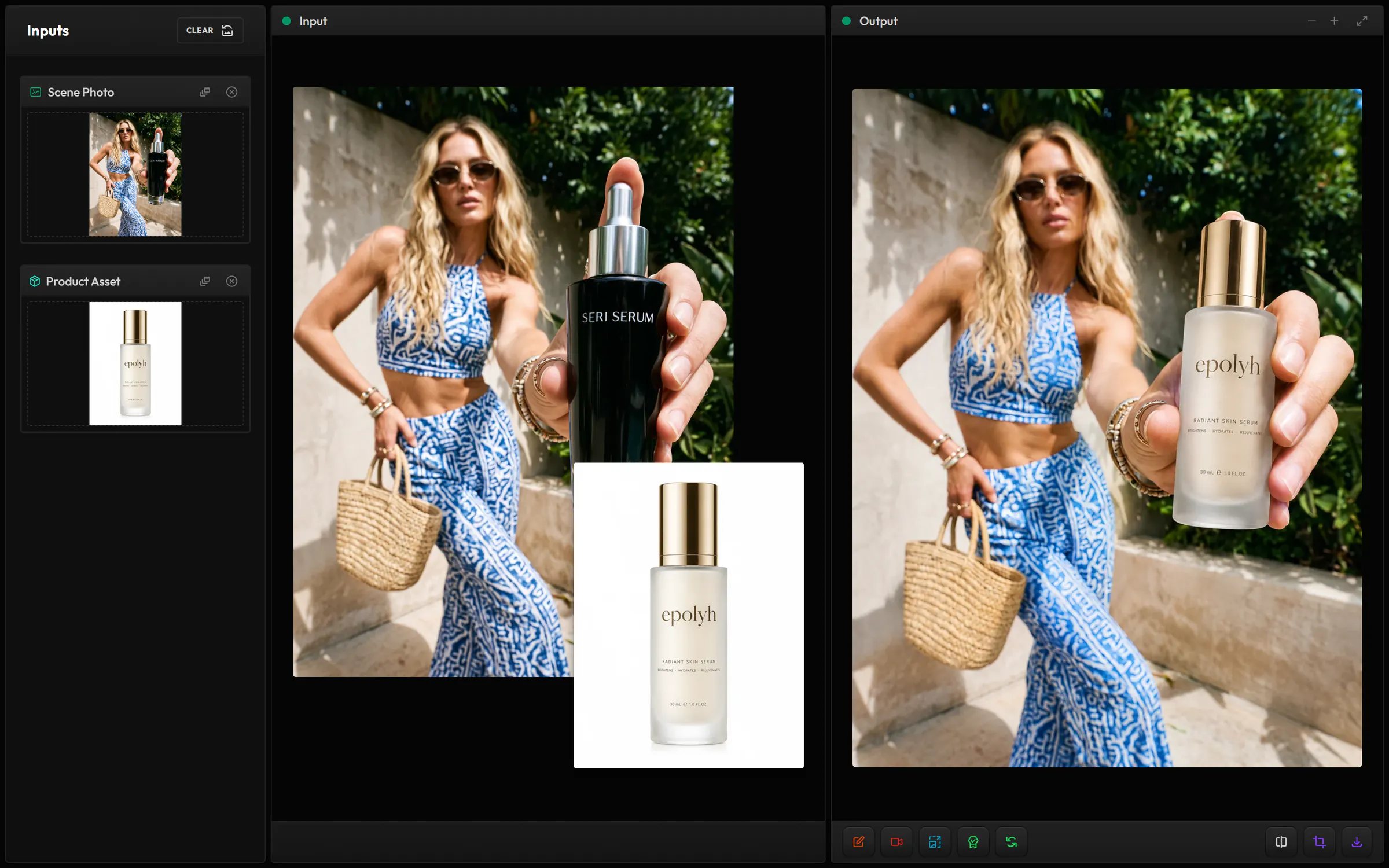 Product in Swap: a woman holding up a black serum bottle as Scene Photo, a white Epolyh serum bottle as Product Asset, and the result with the new bottle in her hand