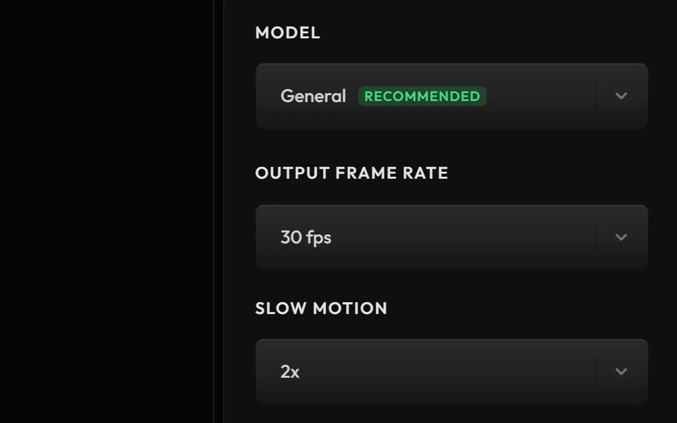 Frame Interpolation settings: the General model, Output Frame Rate at 30 fps and Slow Motion at 2x