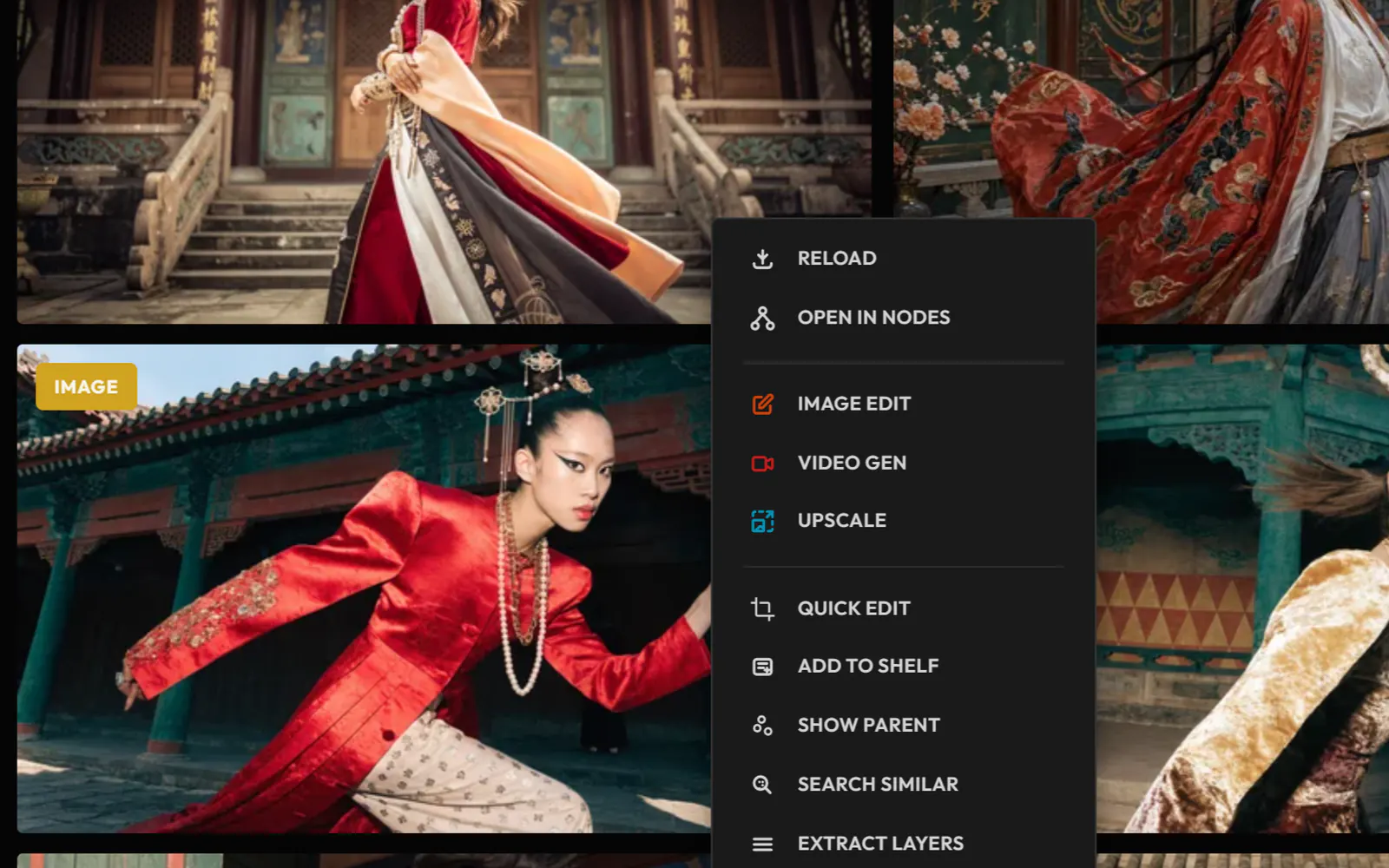 The Gallery menu open on an image of a woman in a red coat, with Upscale among its actions