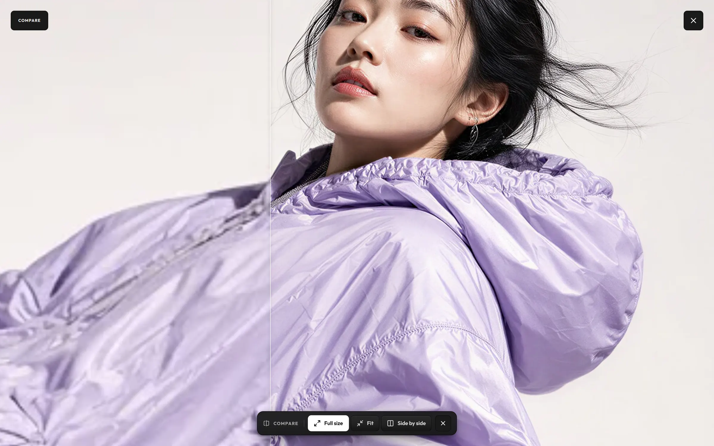 An upscaled portrait of a woman in a lilac jacket in the lightbox’s Compare, with the slider across it