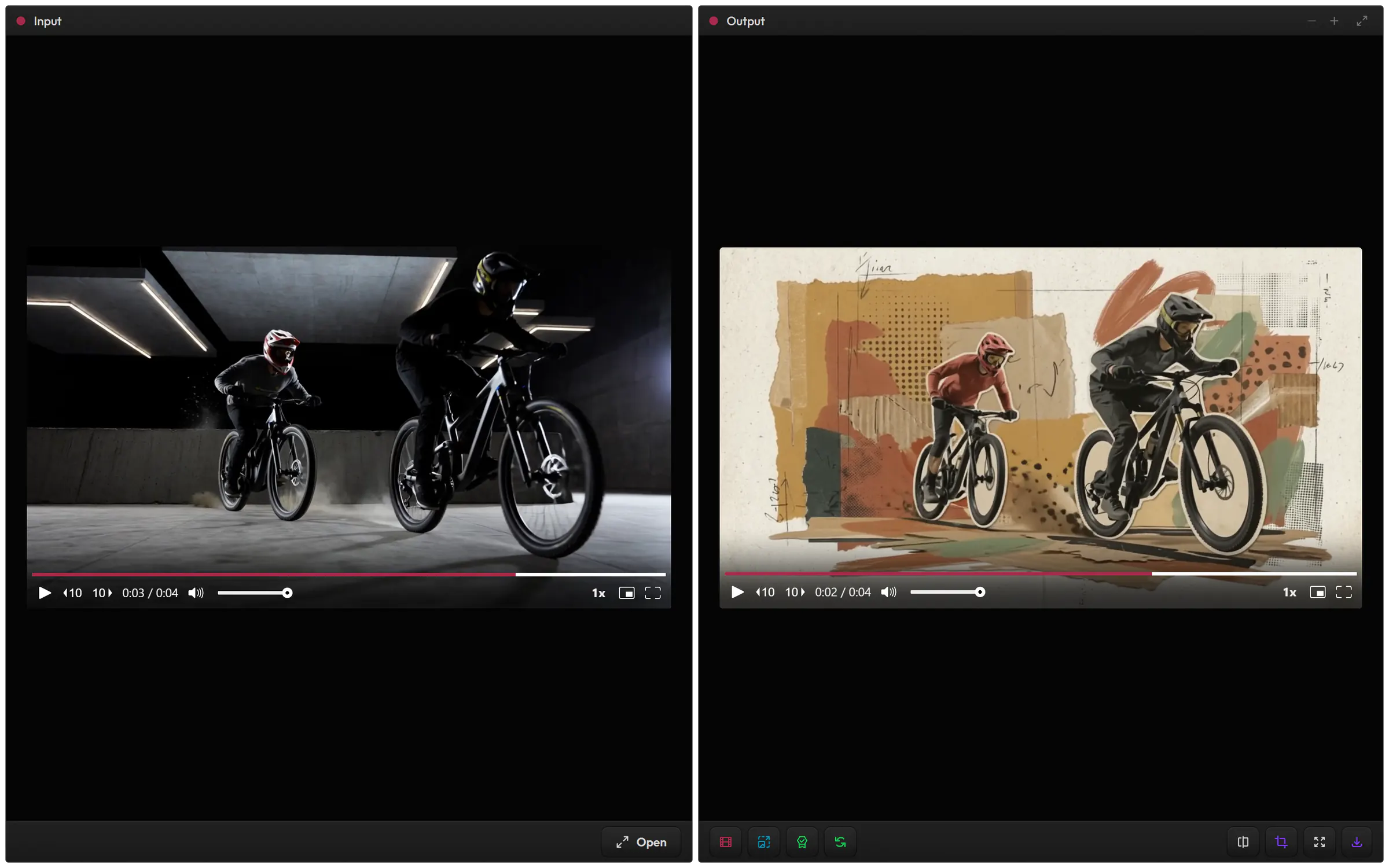Style Transfer in Video Edit: two mountain bikers riding through a dark concrete hall as the input, and the same clip restyled as a paper collage with torn shapes and pencil marks