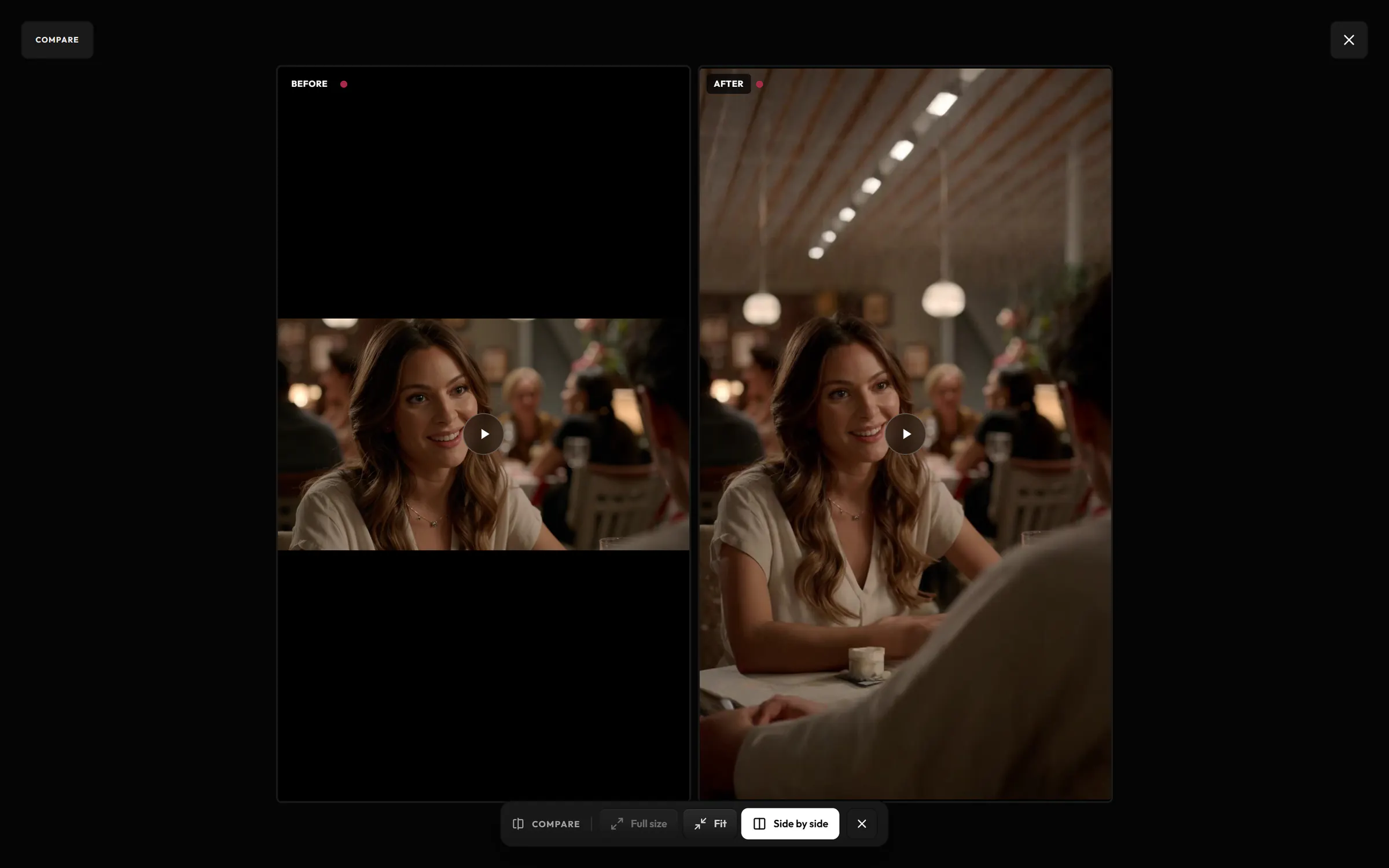 Expand in the app’s compare: the 16:9 restaurant clip before, and the 9:16 clip after, with the ceiling, the table and the man in the foreground filled in