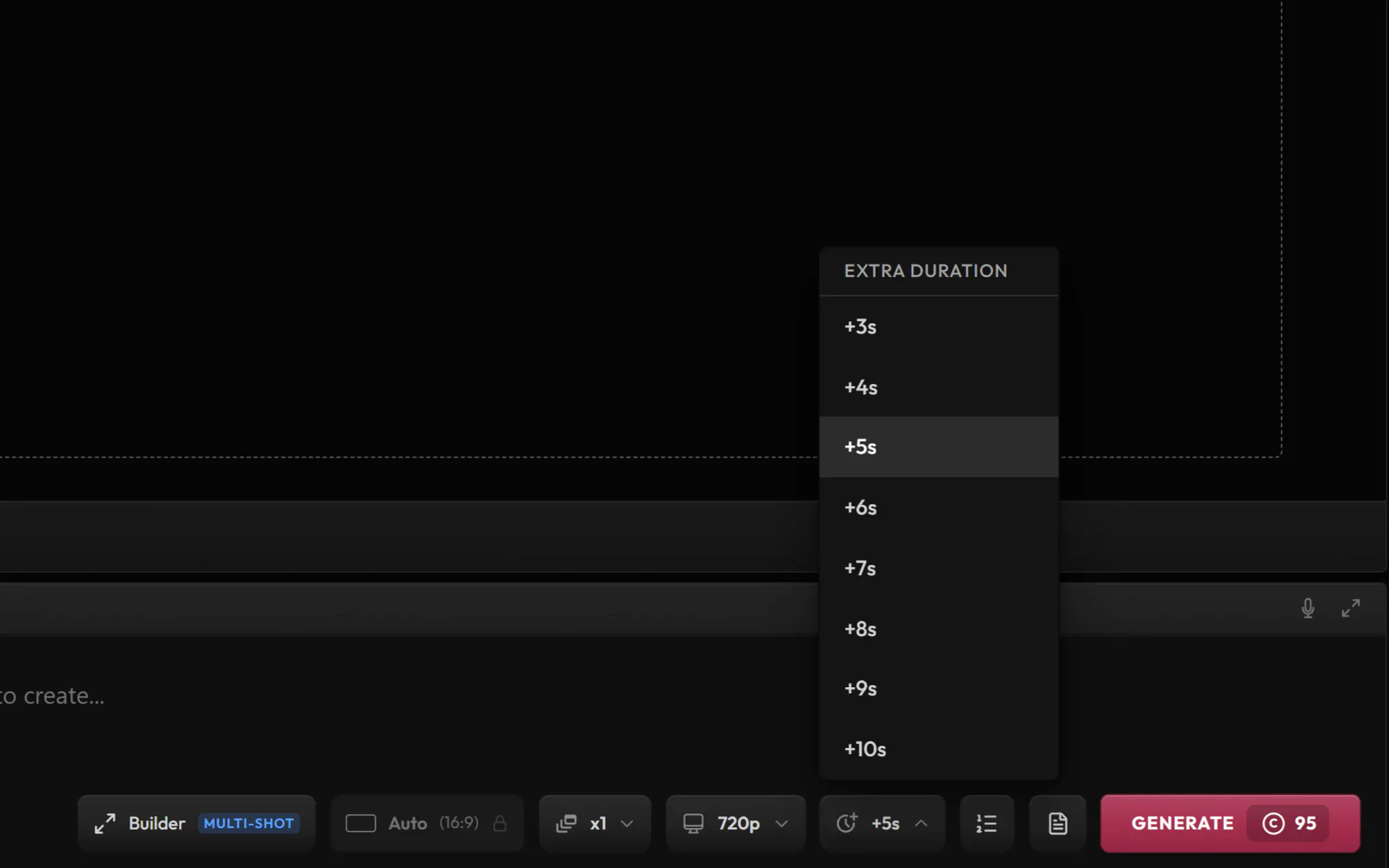 Extend Video: the Extra Duration menu open over the prompt bar, from +3 to +10 seconds, with +5 seconds picked