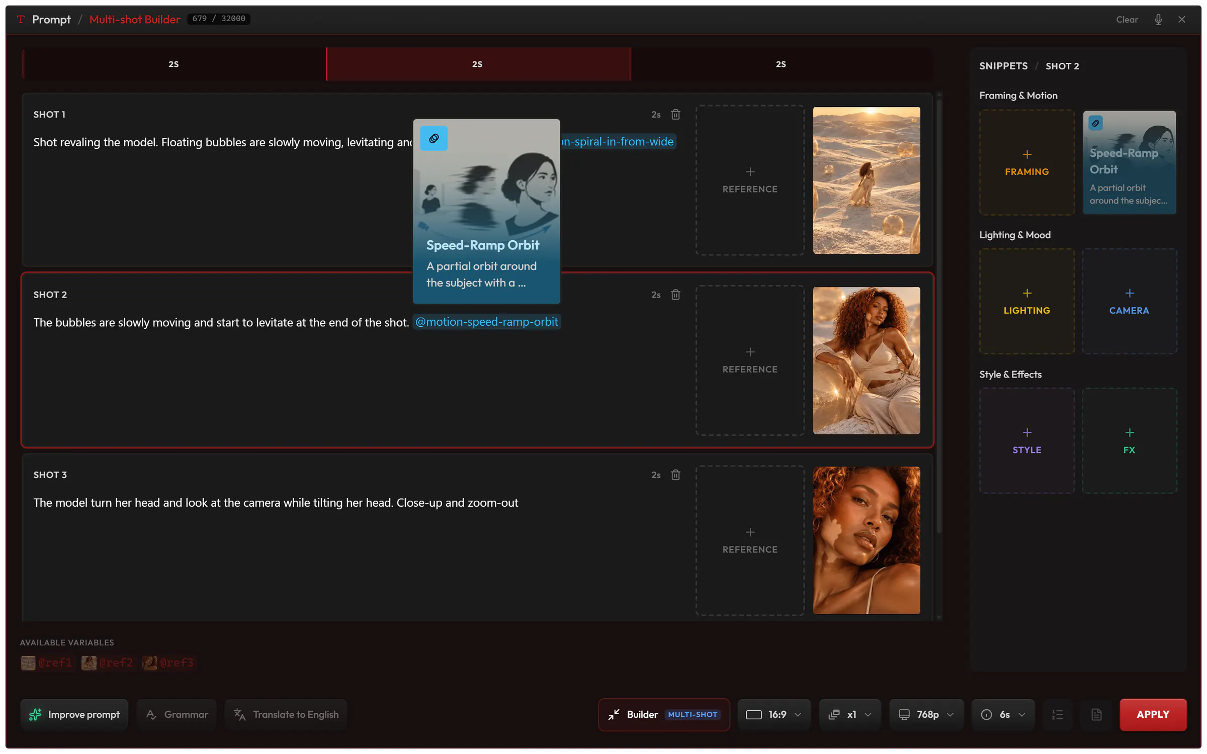 The Multi-shot Builder in Video: three two-second shots on a timeline, each with its prompt and reference image, a @motion-speed-ramp-orbit snippet in shot 2, and that shot’s snippet blocks on the right