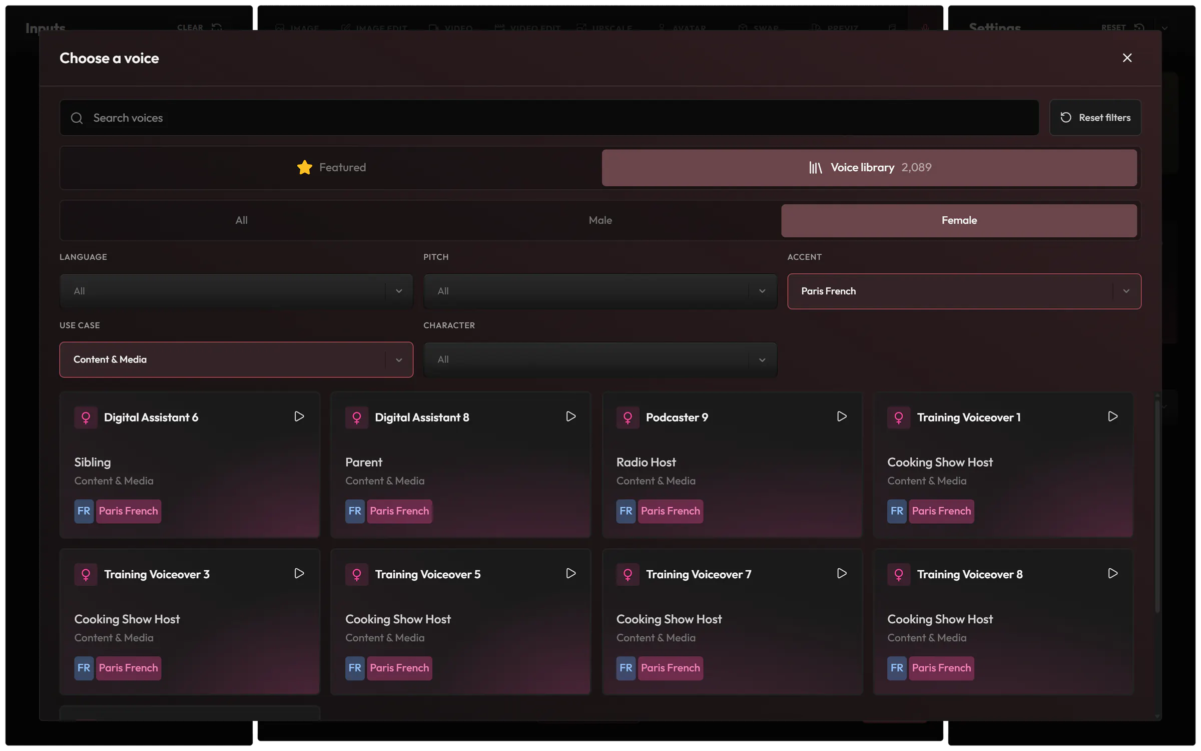 The voice picker on Voice library: female voices filtered by the Paris French accent and the Content & Media use case, each with a play button