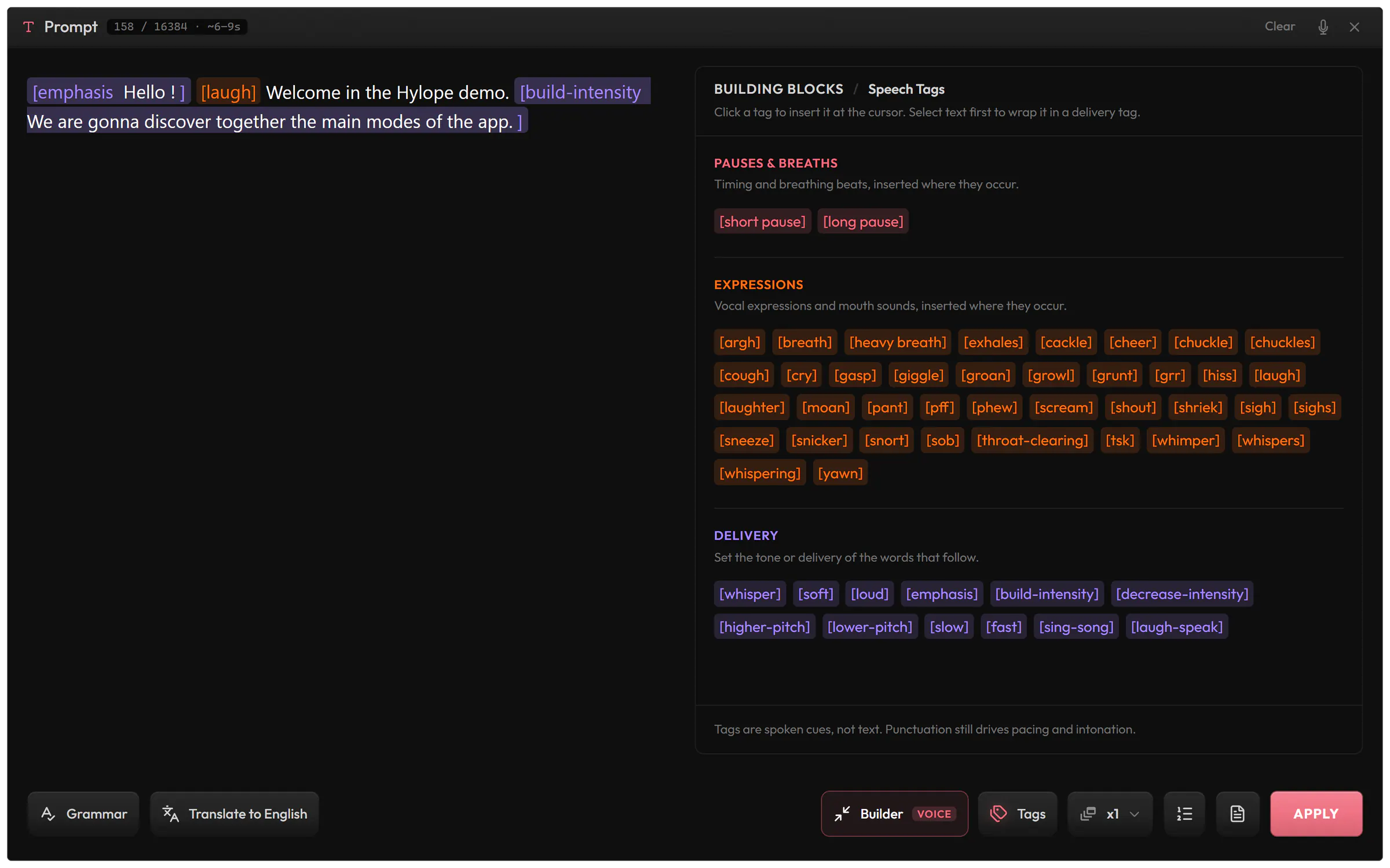The Speech Tags panel beside a script: Pauses & Breaths, Expressions such as laugh and sigh, and Delivery such as whisper and emphasis