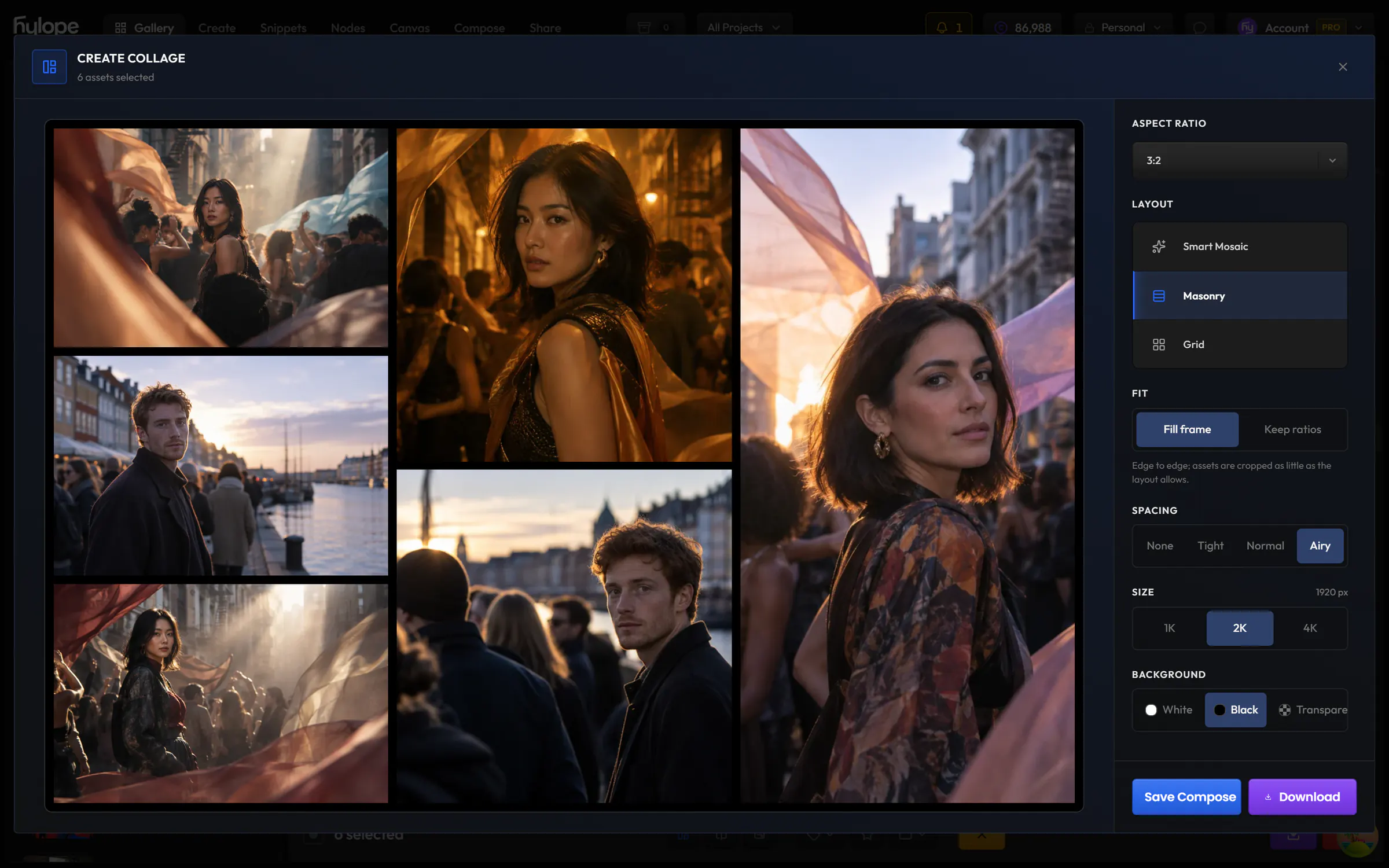 The collage window: six assets laid out as masonry, beside its layout, spacing, size and background settings