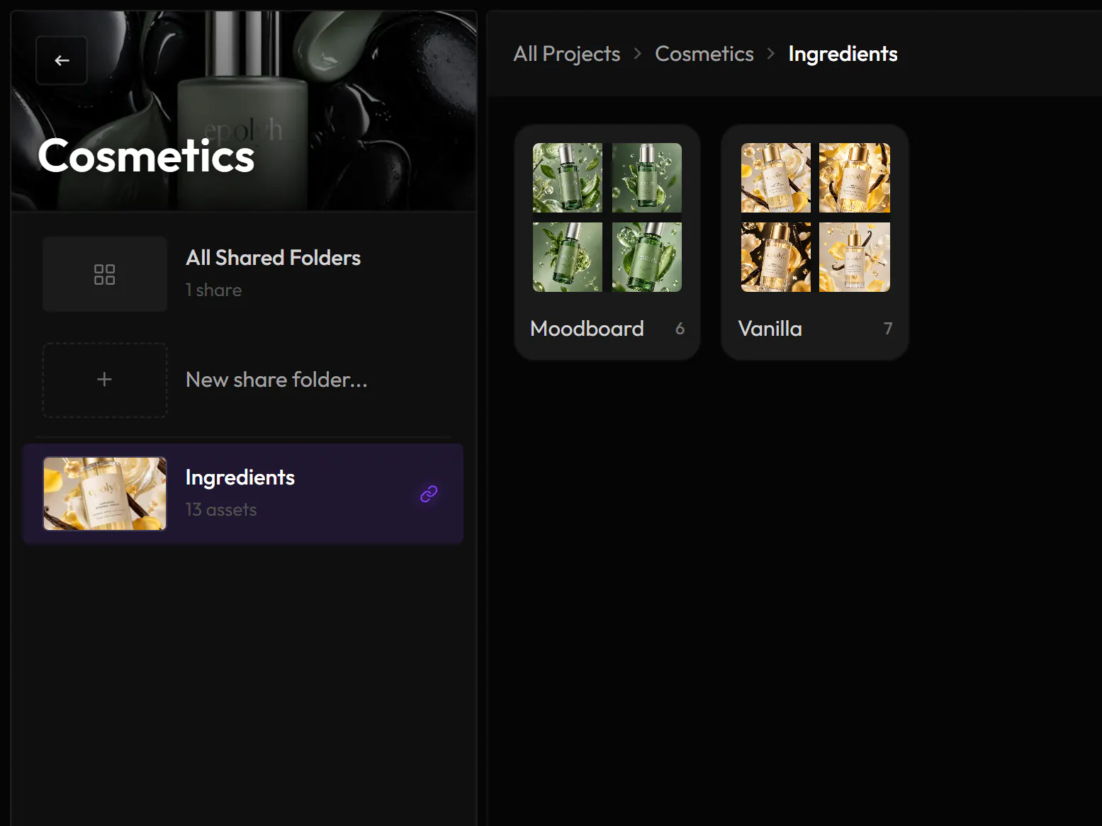 The Cosmetics project in Share: its shared folder Ingredients, with its link, and the subfolders Moodboard and Vanilla