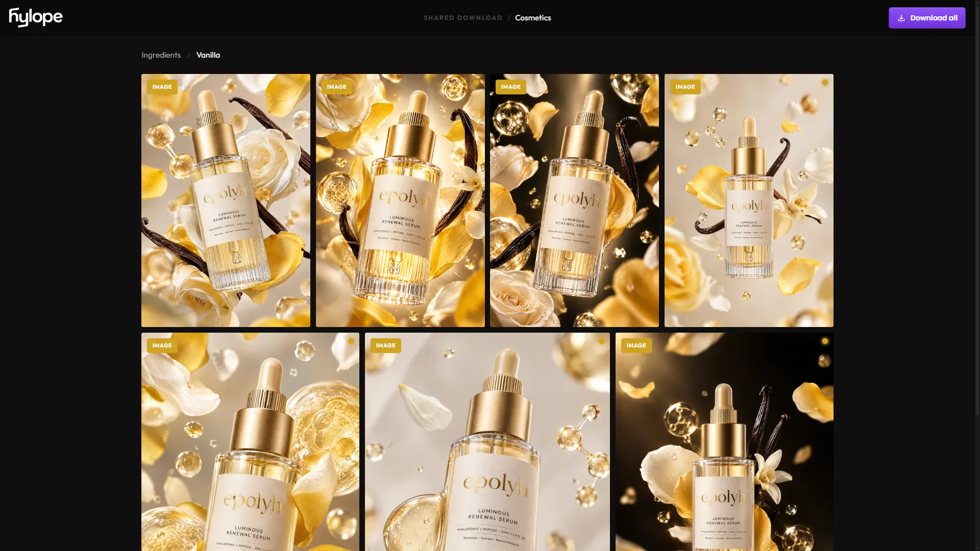 The share page in a browser: the Vanilla subfolder of the Cosmetics share, its images, and Download all