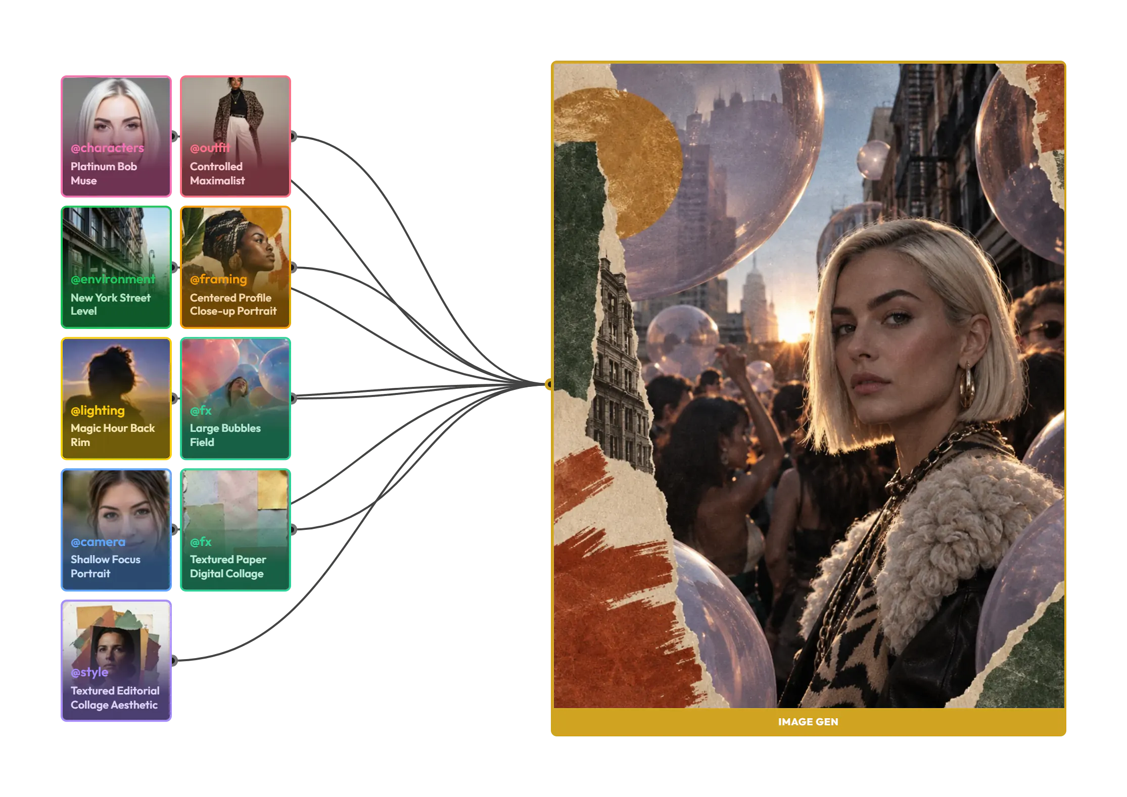Le Lineage d’une image : neuf snippets (personnage, tenue, environnement, cadrage, éclairage, caméra, deux FX et un style) reliés à l’image qu’ils ont produite