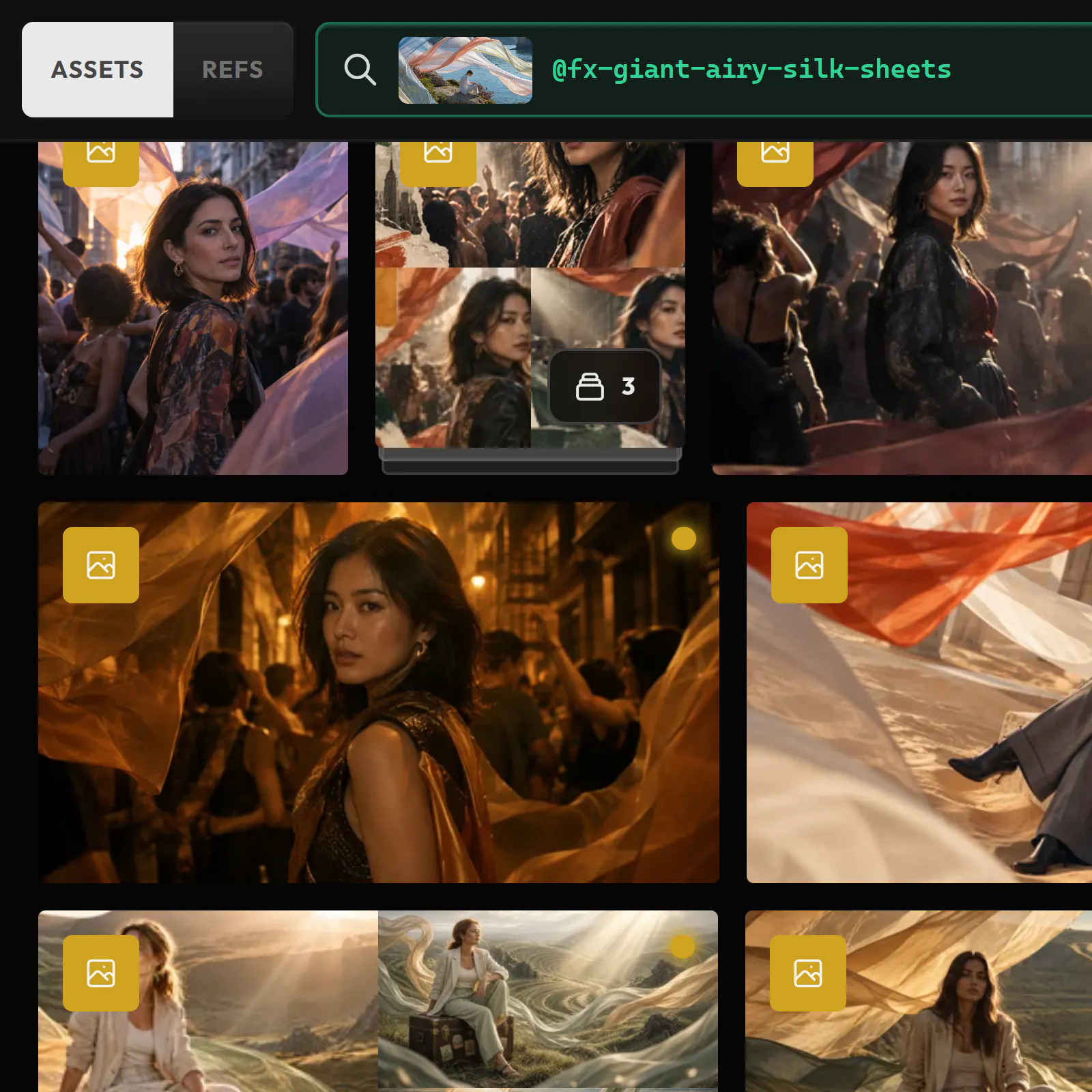 La Galerie filtrée sur @fx-giant-airy-silk-sheets : chaque image créée avec ce snippet FX, des voiles de soie dans chacune