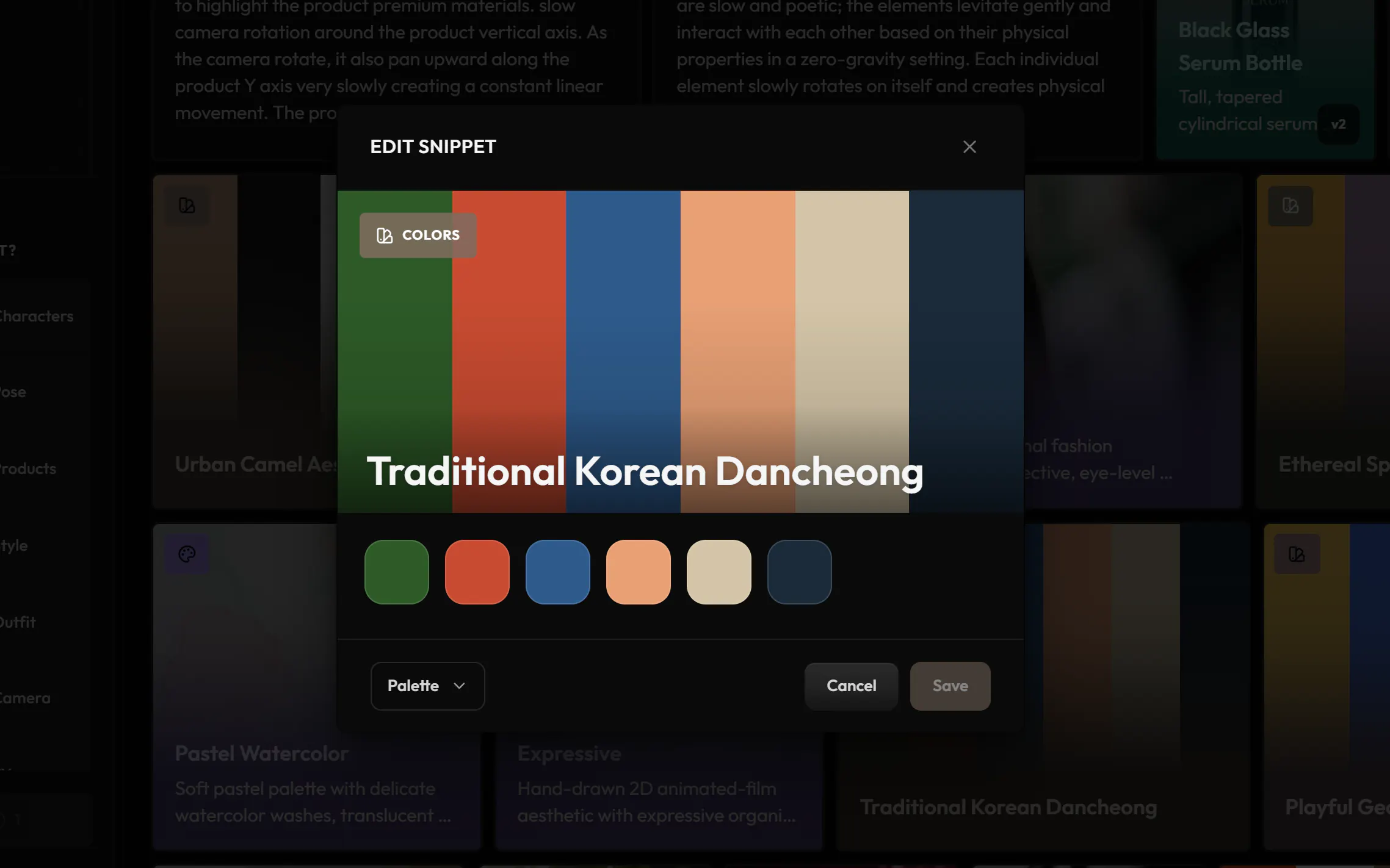 Un snippet de palette dans l’éditeur, ses six couleurs et le type Palette