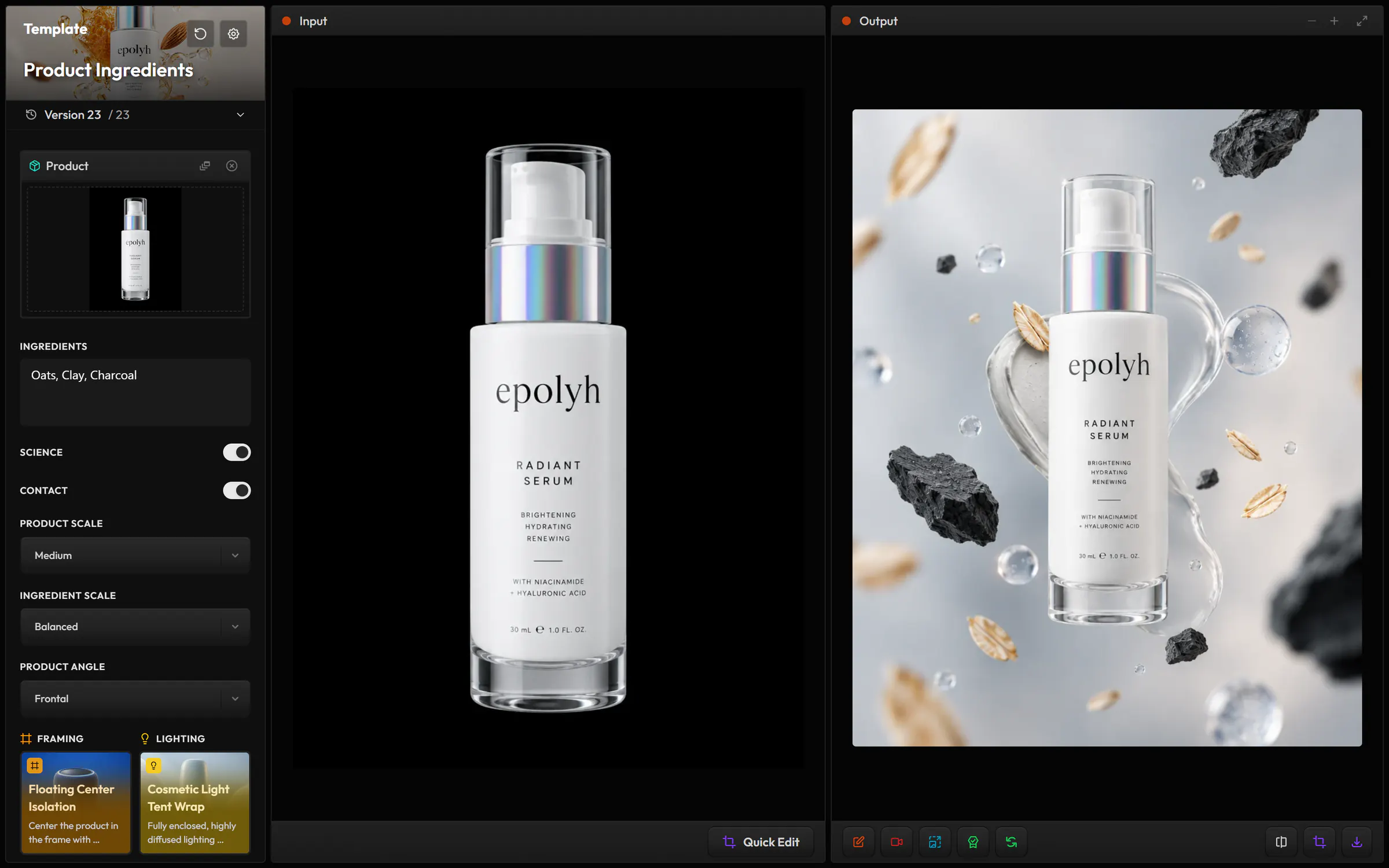 Le template Product Ingredients dans Créer : un flacon de sérum chargé comme produit, les champs réglés, et l’image obtenue