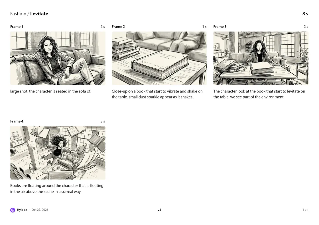 A page of the storyboard Levitate exported as a PDF: four pencil-sketched frames on white paper, each with its number, its duration and its action, and the date and version at the bottom