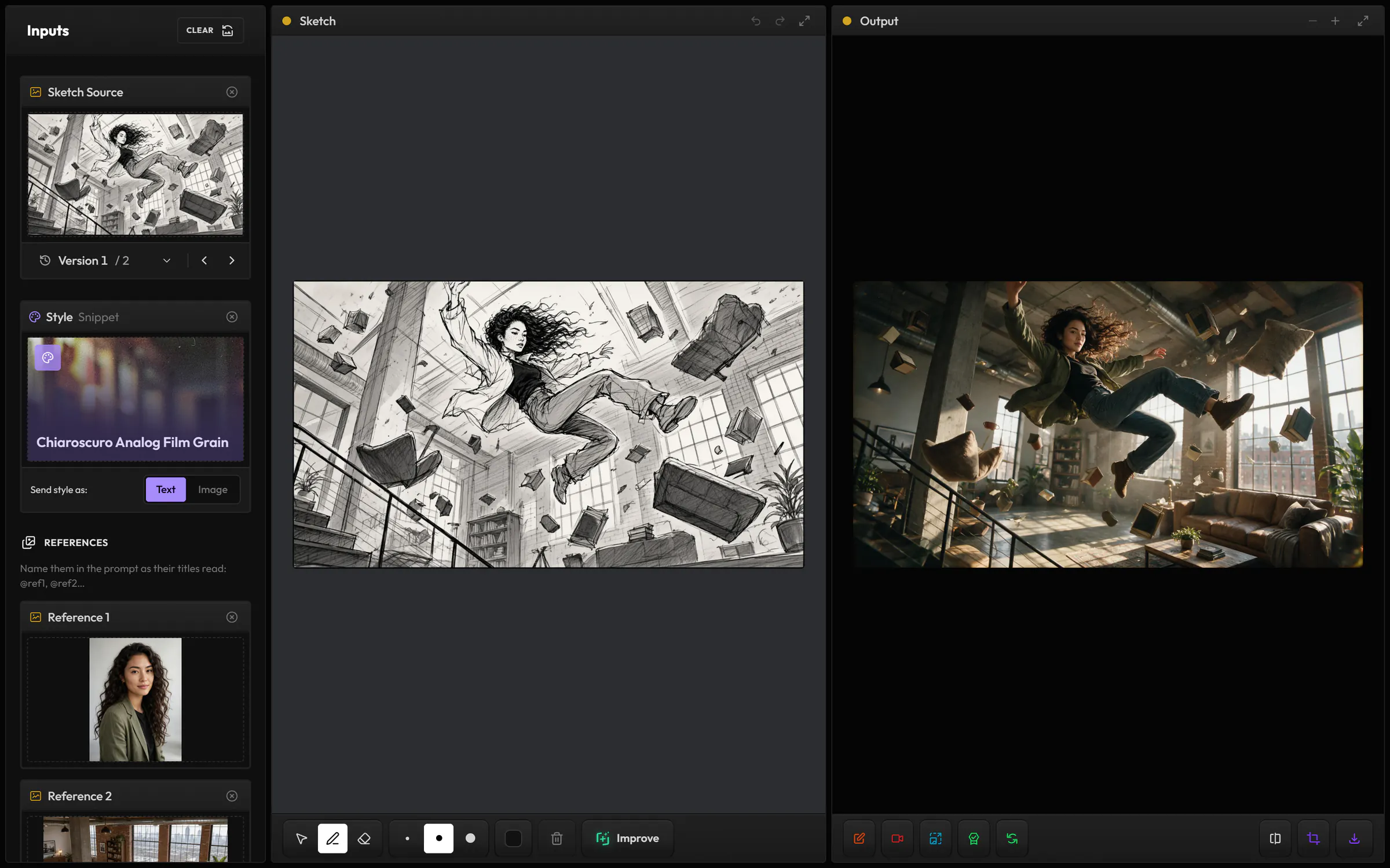 Image > Sketch in Create with a storyboard frame as its sketch, a film grain style and two references, and the render of the woman floating among levitating books