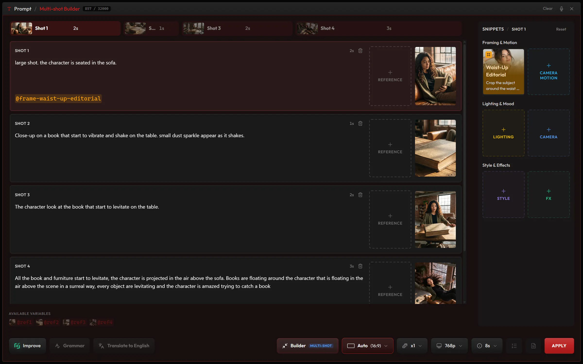 The multi-shot builder in Video with four shots made from the storyboard's frames, each with its render, its action and its duration