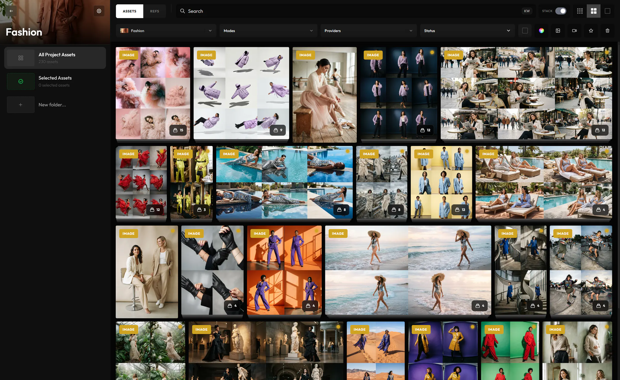 A Hylope project gallery with related generations grouped into stacks, above search and filters