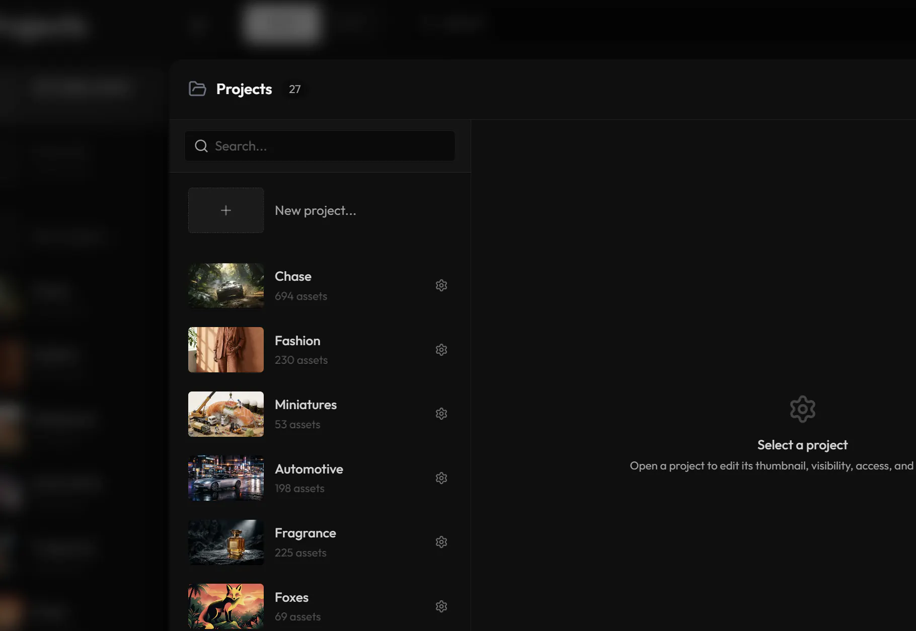 The Hylope project list, each project with its thumbnail and asset count