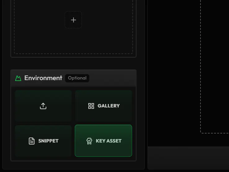The Environment input of Avatar, with its upload, Gallery, Snippet and Key Asset tiles