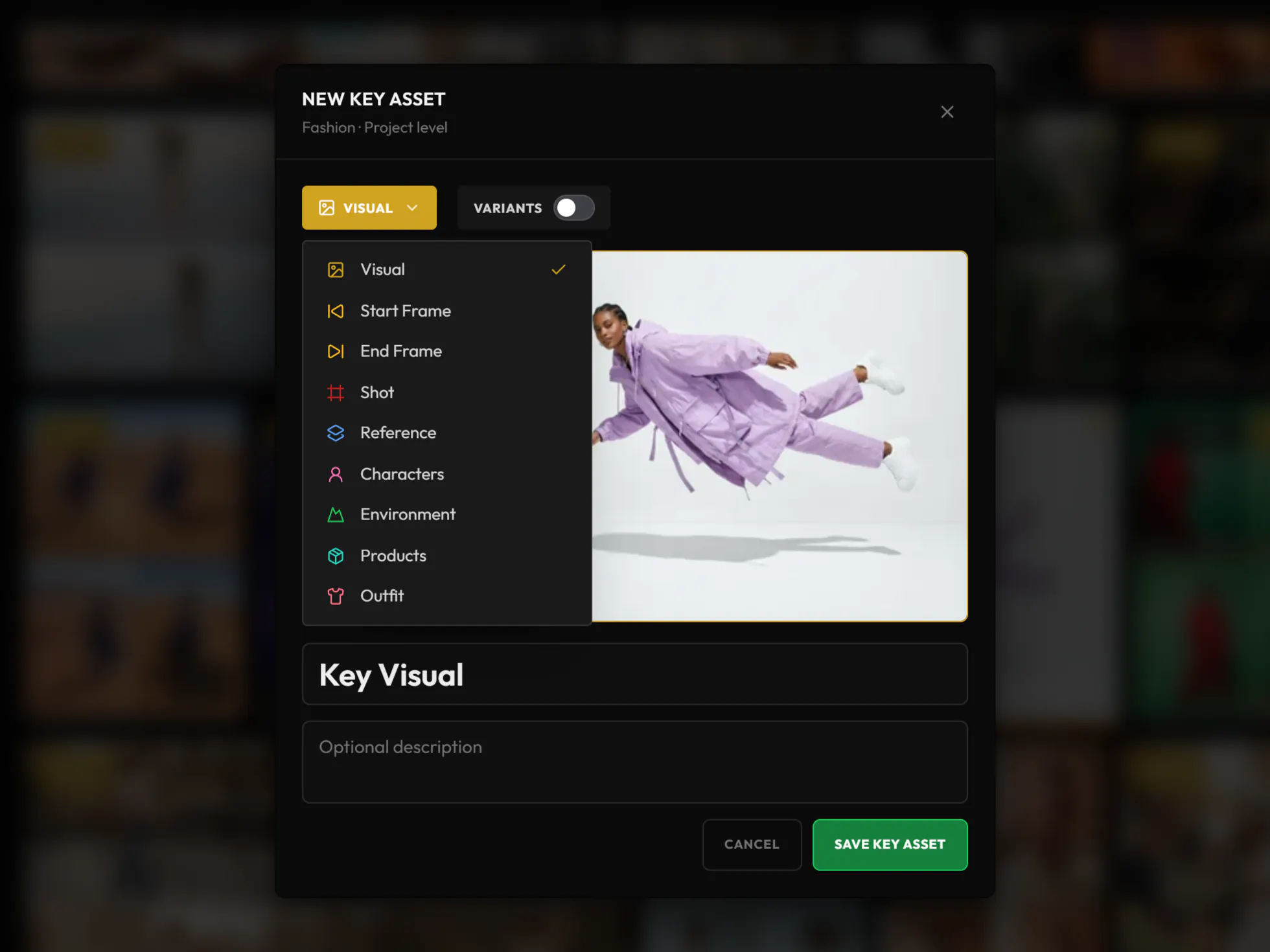 The New Key Asset window: its category list open over a fashion visual, the Variants switch beside it