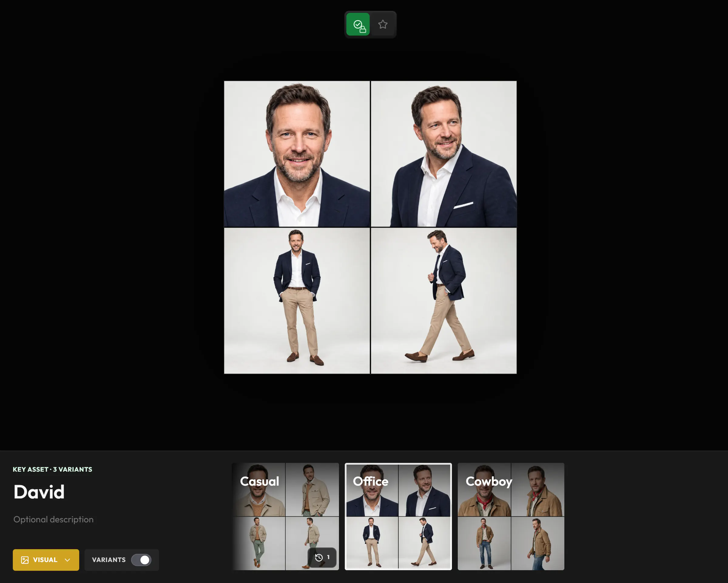 The David Key Asset in the lightbox: its Casual, Office and Cowboy variants, Office open