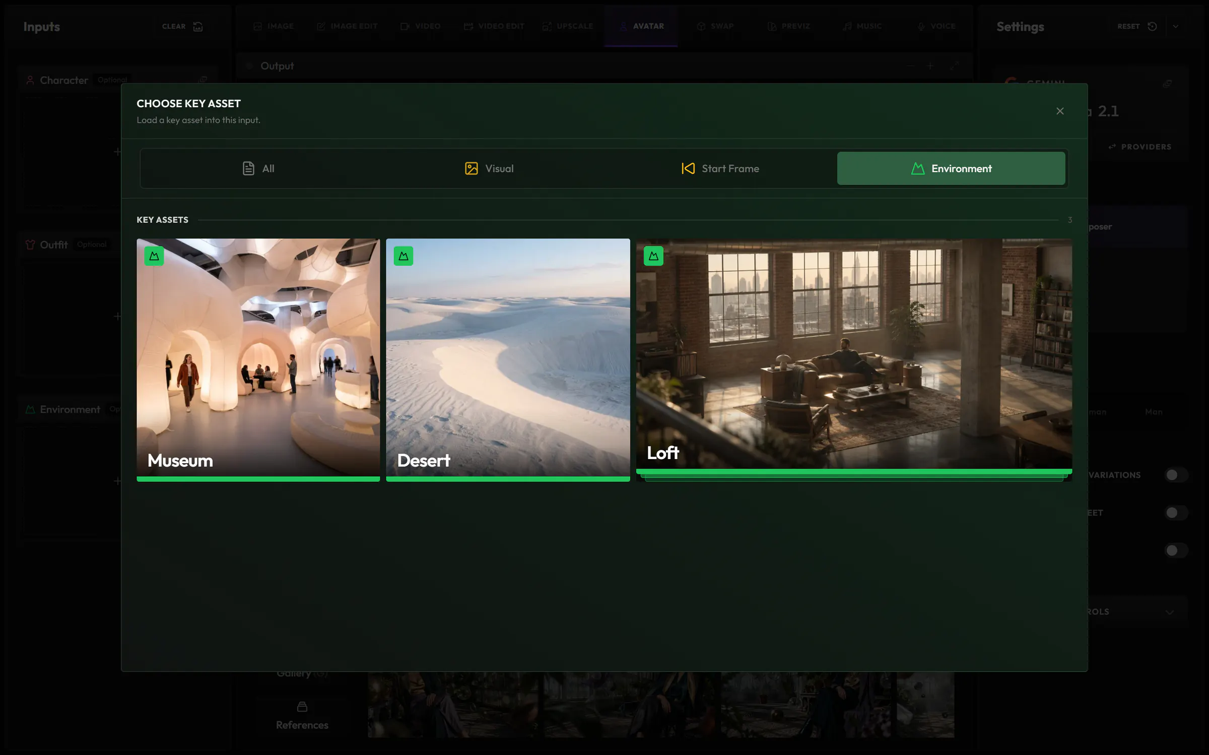 The Choose Key Asset picker on its Environment tab: Museum, Desert and Loft
