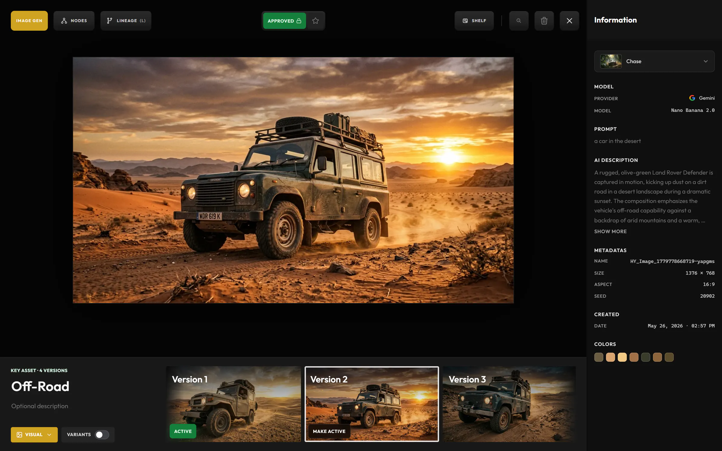 The Off-Road Key Asset in the lightbox: three versions, the first active, the second open with Make active