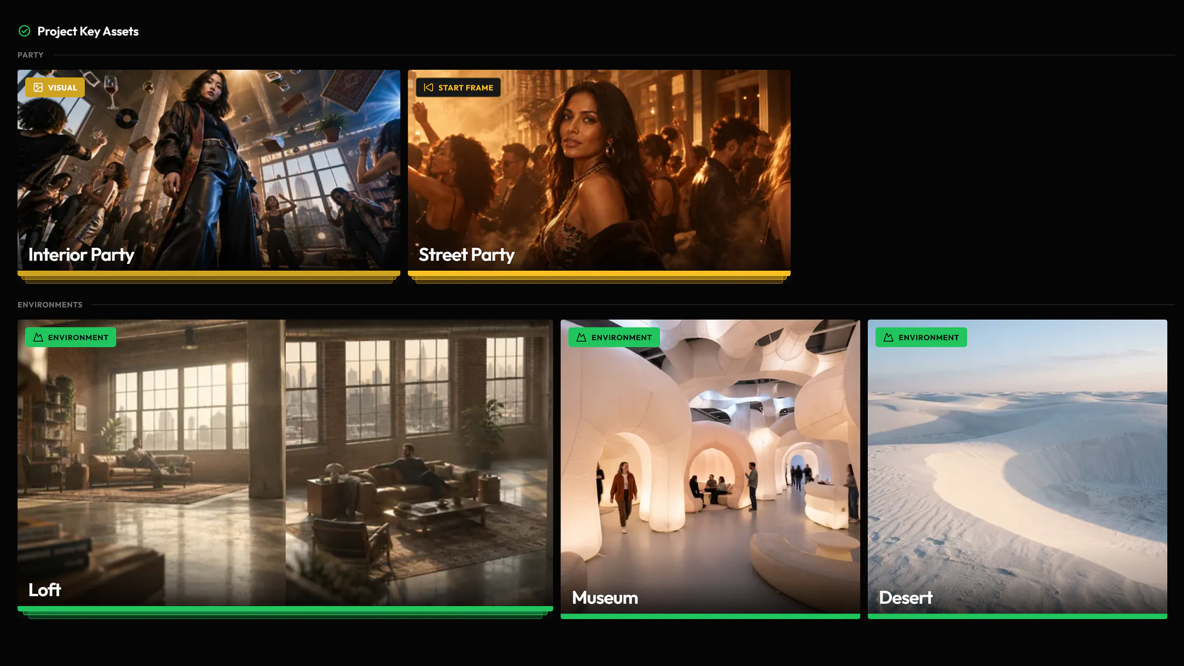 A project’s Key Assets in the Gallery, by folder: two party scenes and three environments
