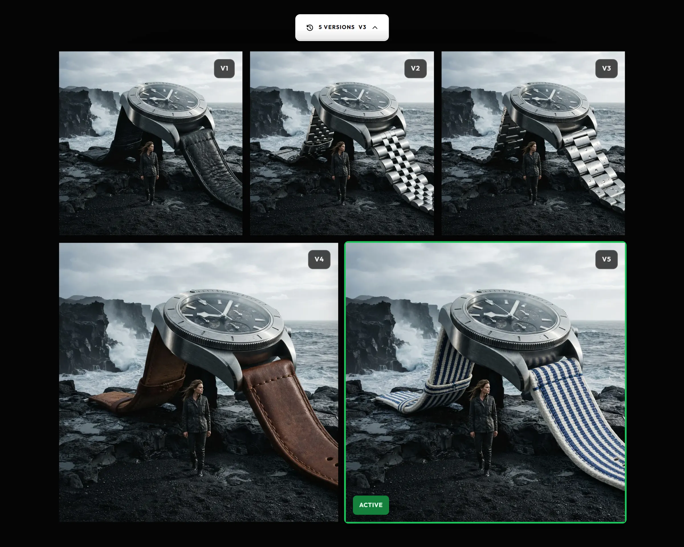 The versions of one watch photo, v1 to v5, each with a different strap, and v5 active