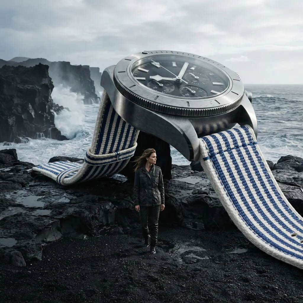 The same watch with a blue and white striped fabric strap