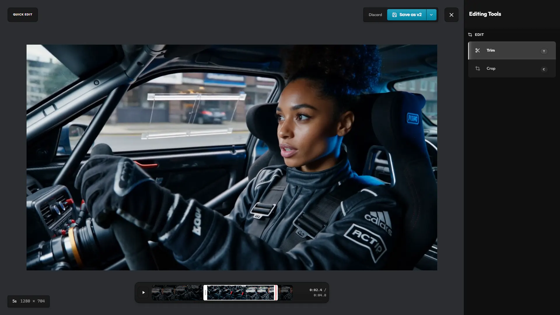 A video in Quick Edit: the trim handles on the timeline under the clip, and the Trim and Crop tools in the sidebar