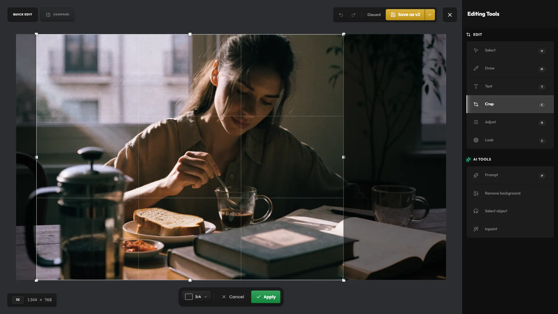 Quick Edit cropping a generated image to 5:4, with its edit and AI tools and the Save as v2 button