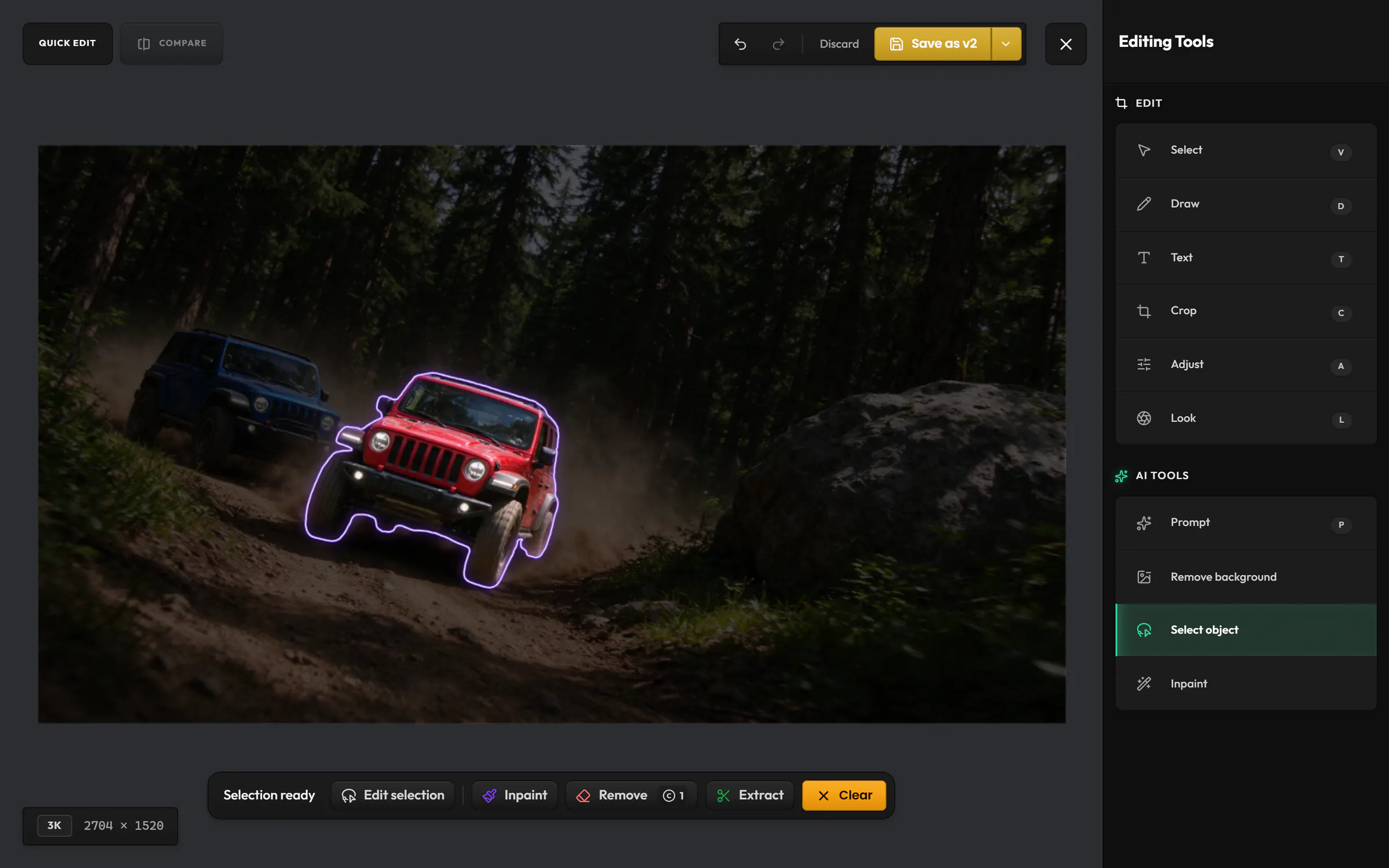 Select object in Quick Edit: the red off-road car in a forest selected with a glowing outline, and the Inpaint, Remove and Extract actions under it