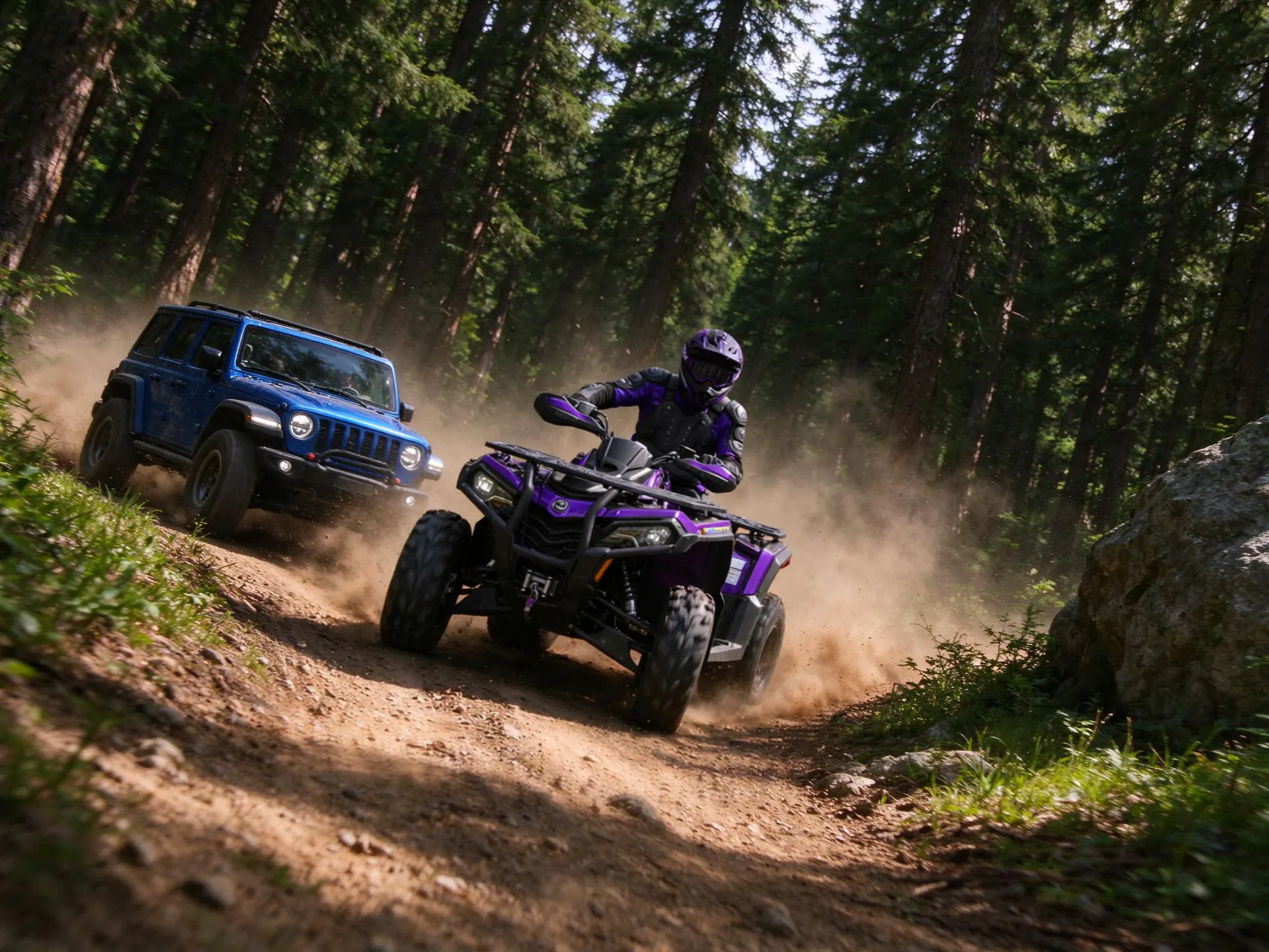 The red car replaced by a purple and black ATV with a rider
