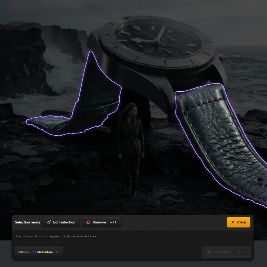 A watch on black rocks by the sea in Quick Edit, its strap selected and a field to describe what should replace it