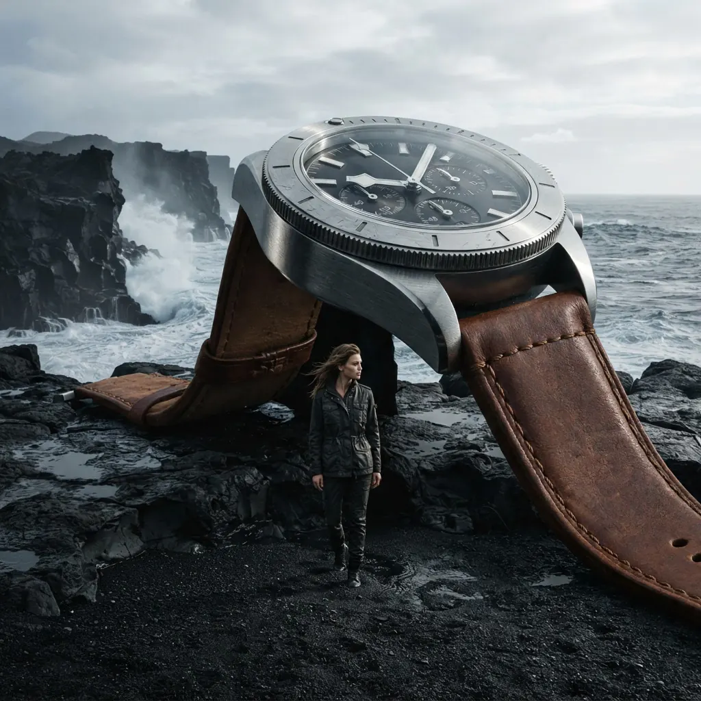 The same watch with a brown leather strap