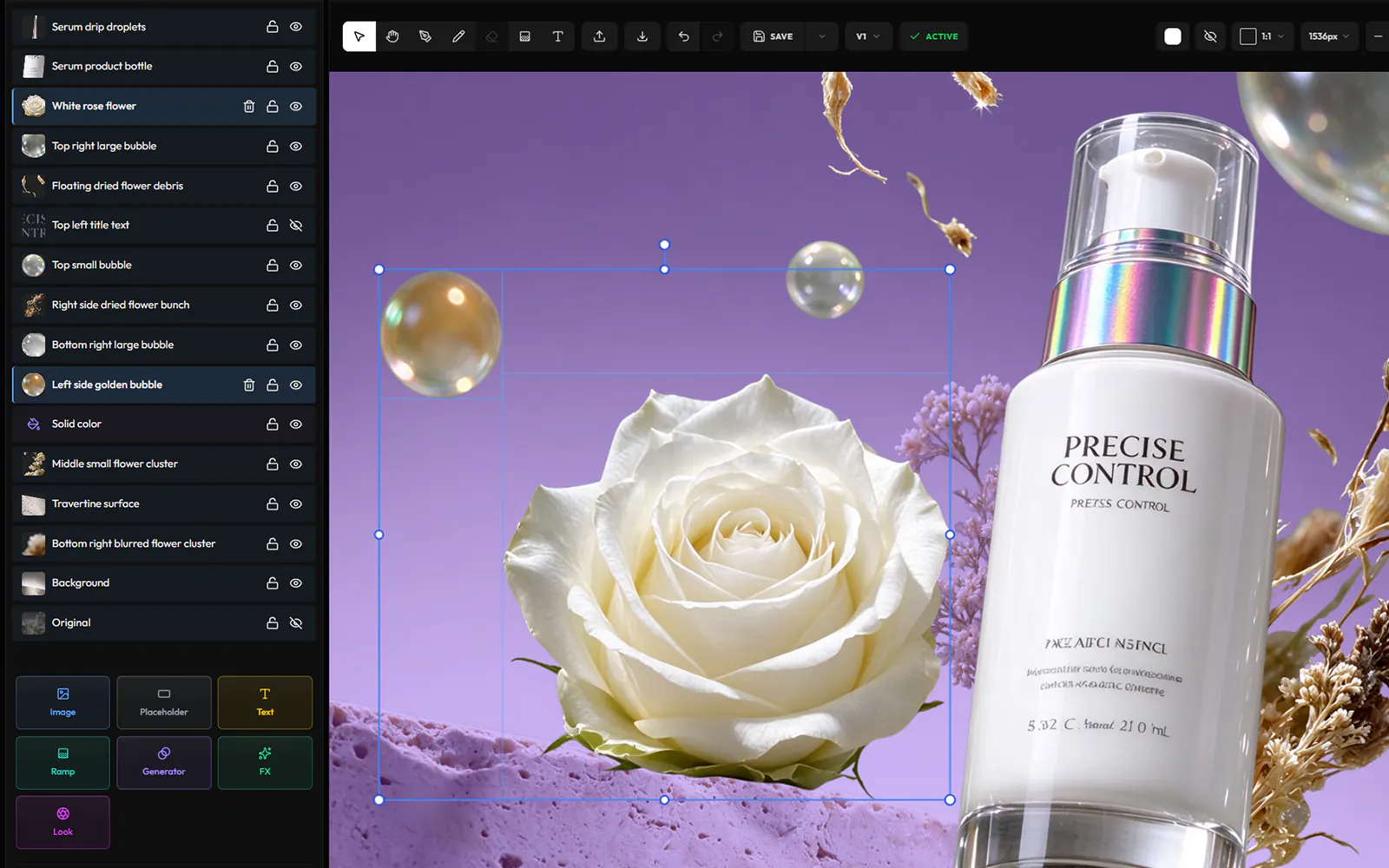 A product image extracted into layers in Compose: the bottle, the rose, each bubble and the title text on layers of their own, above the rebuilt background