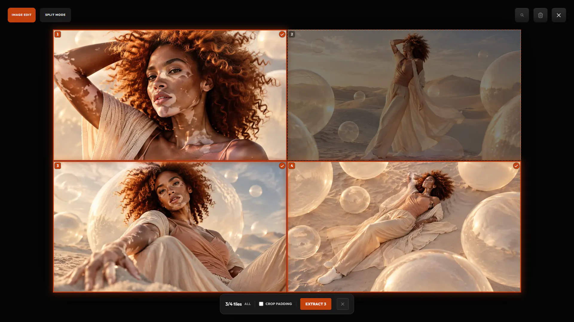 Split Mode on a contact sheet of four shots, three of its tiles picked to extract