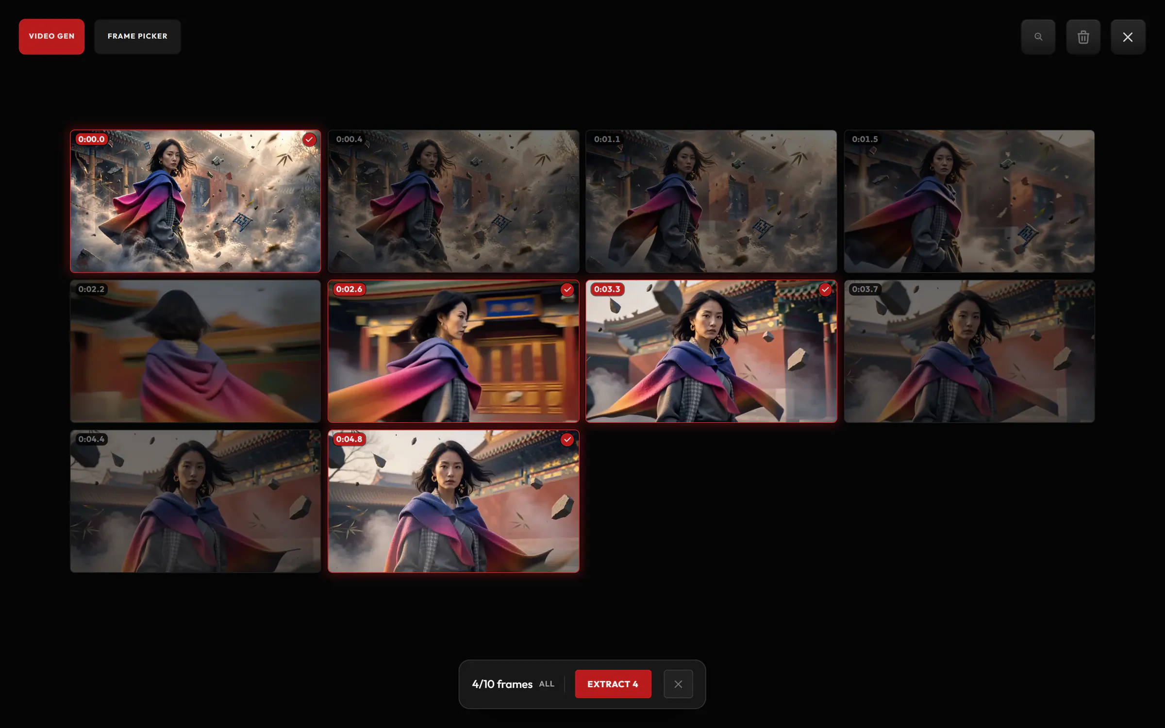 The frame picker on a video: ten frames from across the clip with their timecodes, four of them picked to extract